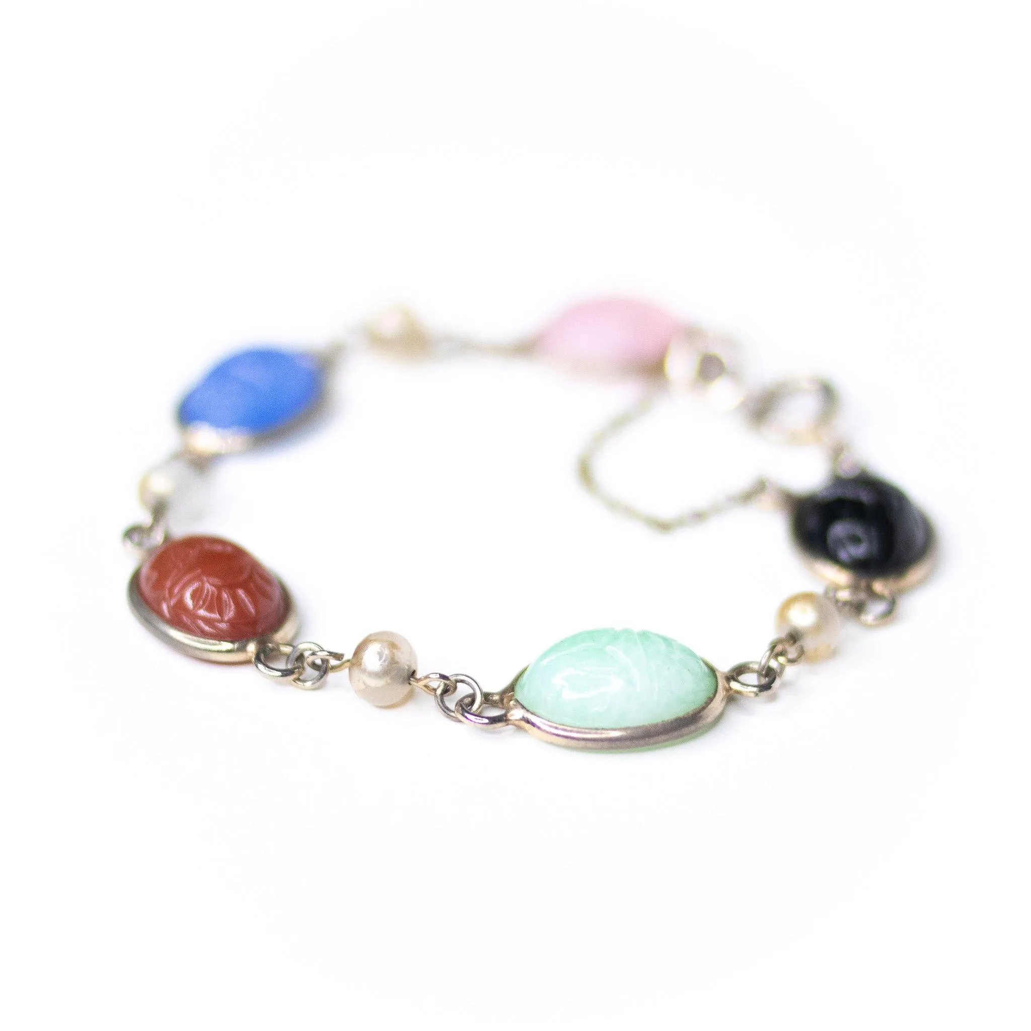 Vintage Gemstone Scarab Bracelet with Agate, Rose Quartz, Carnelian, Jade, and Onyx
