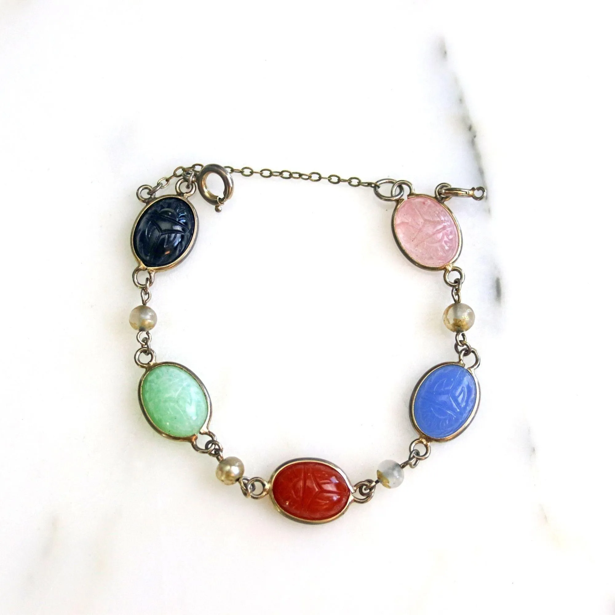 Vintage Gemstone Scarab Bracelet with Agate, Rose Quartz, Carnelian, Jade, and Onyx