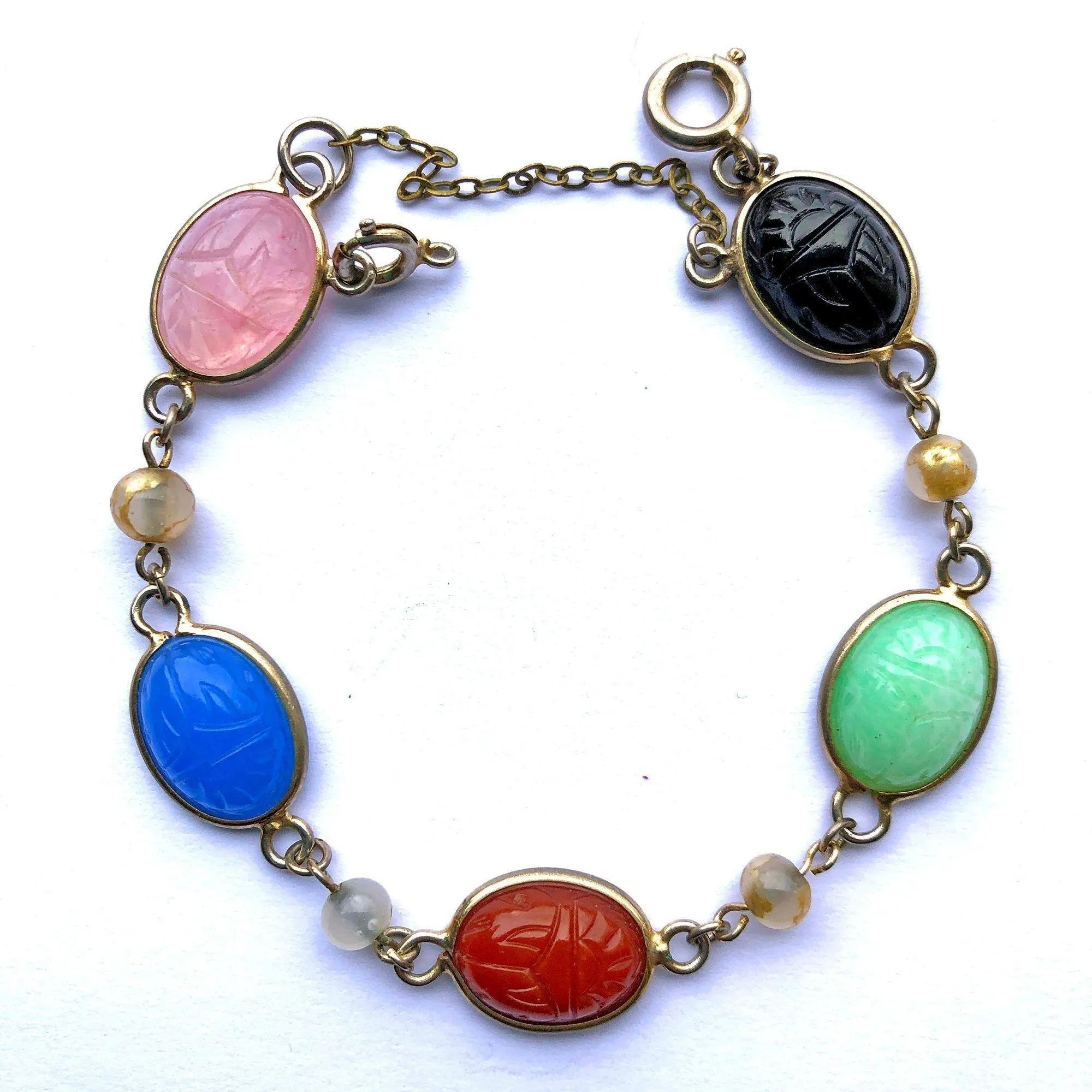 Vintage Gemstone Scarab Bracelet with Agate, Rose Quartz, Carnelian, Jade, and Onyx