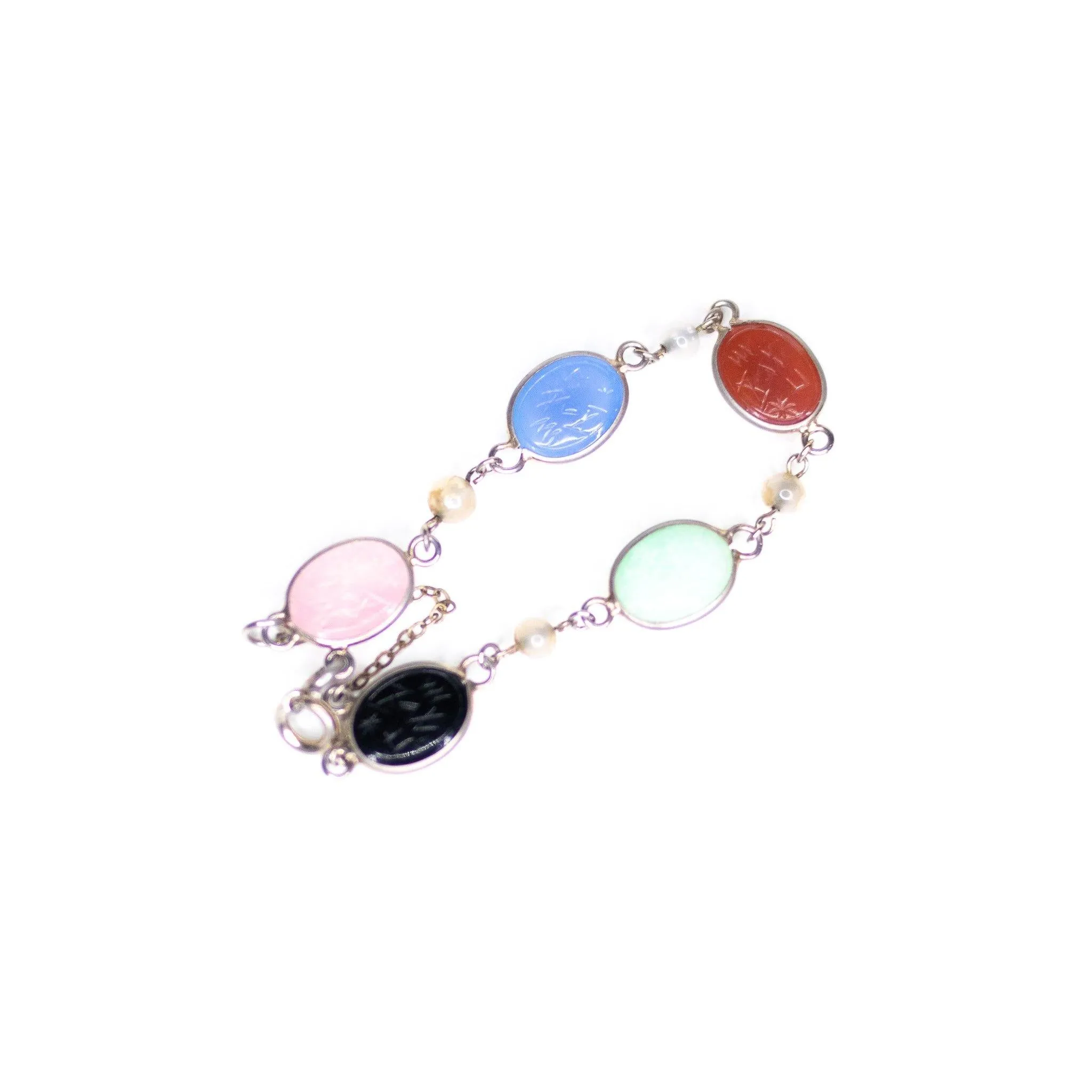 Vintage Gemstone Scarab Bracelet with Agate, Rose Quartz, Carnelian, Jade, and Onyx