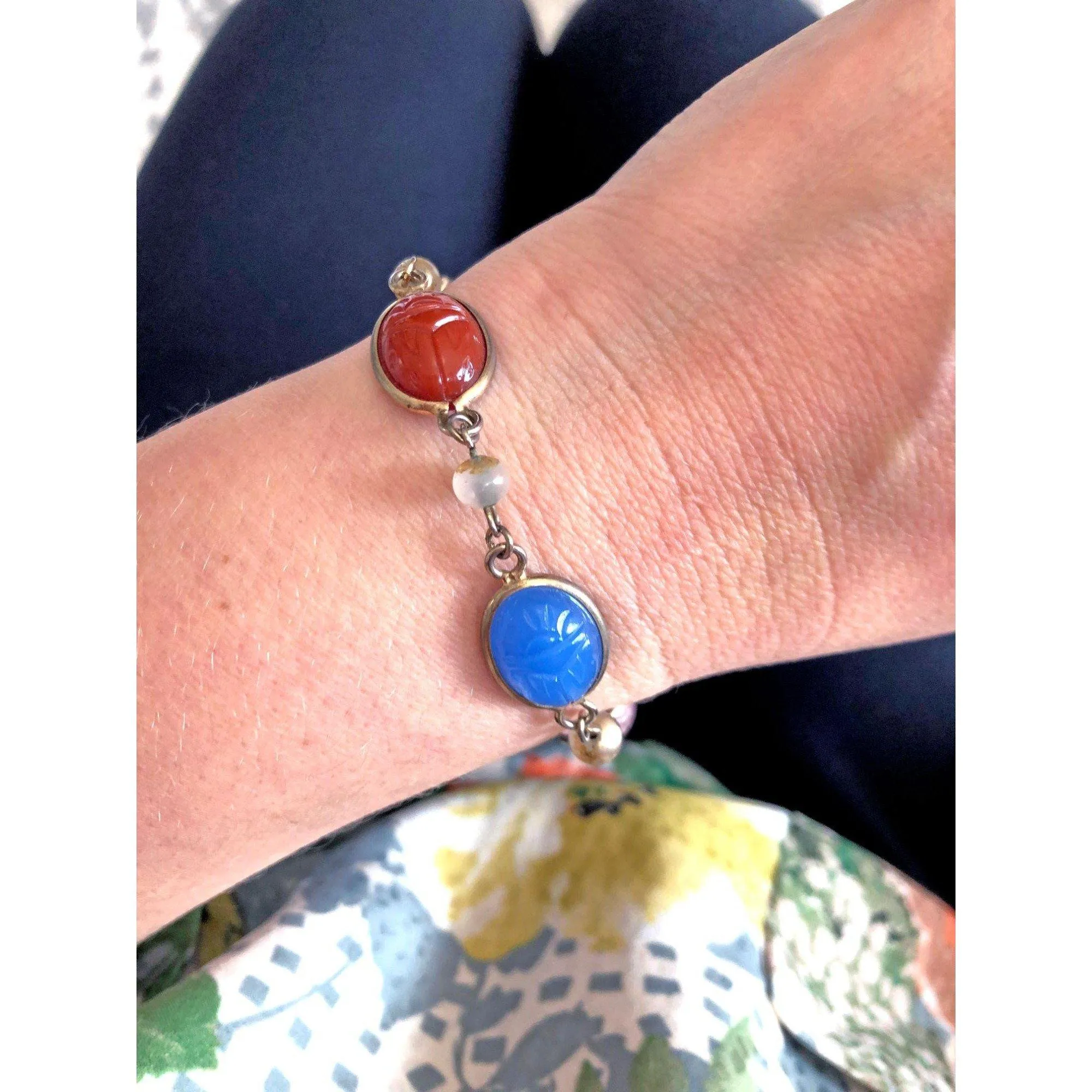 Vintage Gemstone Scarab Bracelet with Agate, Rose Quartz, Carnelian, Jade, and Onyx