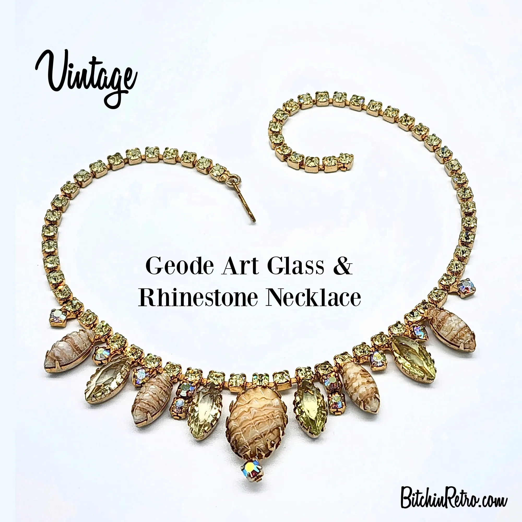 Vintage Geode Art Glass & Rhinestone Necklace