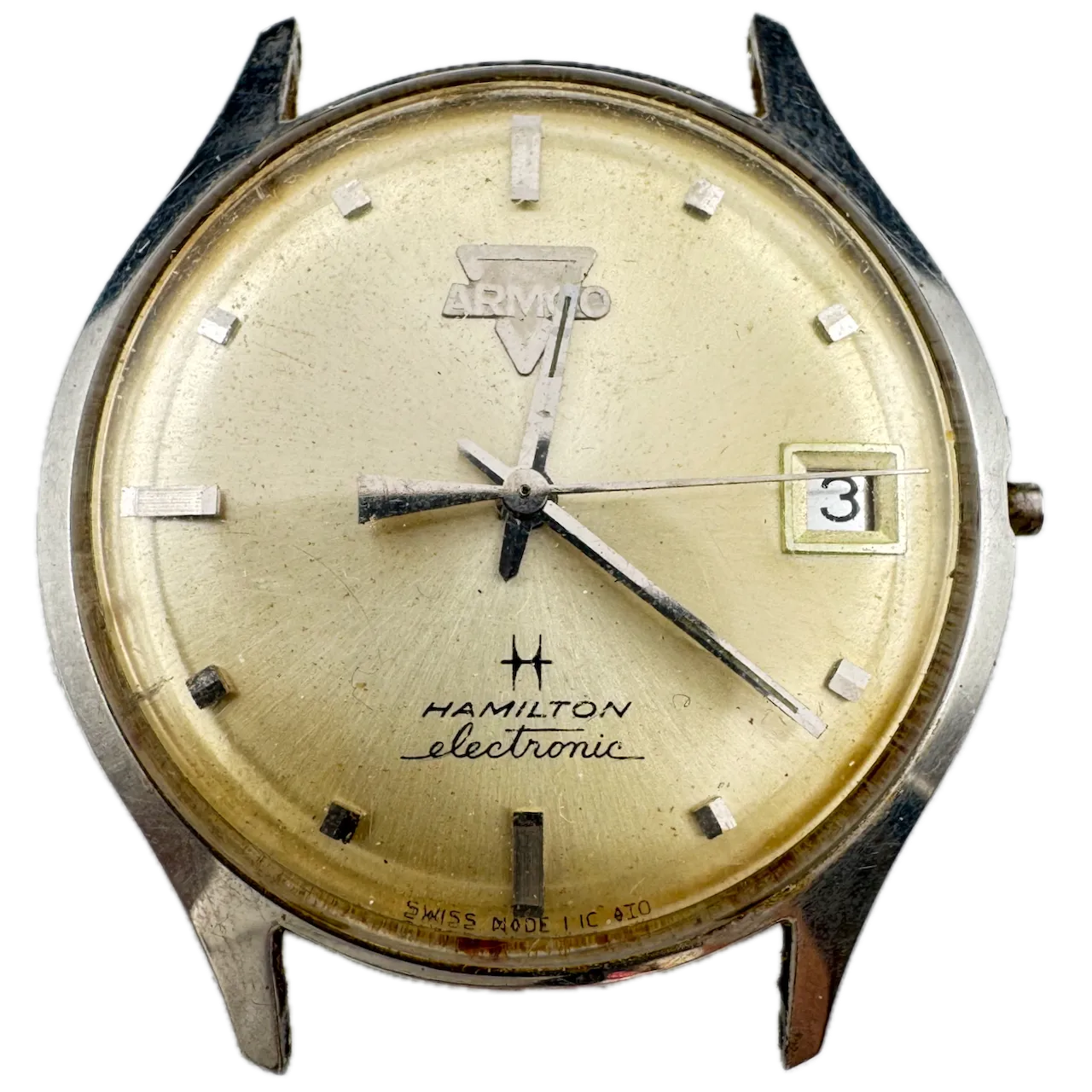Vintage Hamilton Sunburst Date Armco Men's Electronic Wristwatch Swiss Steel