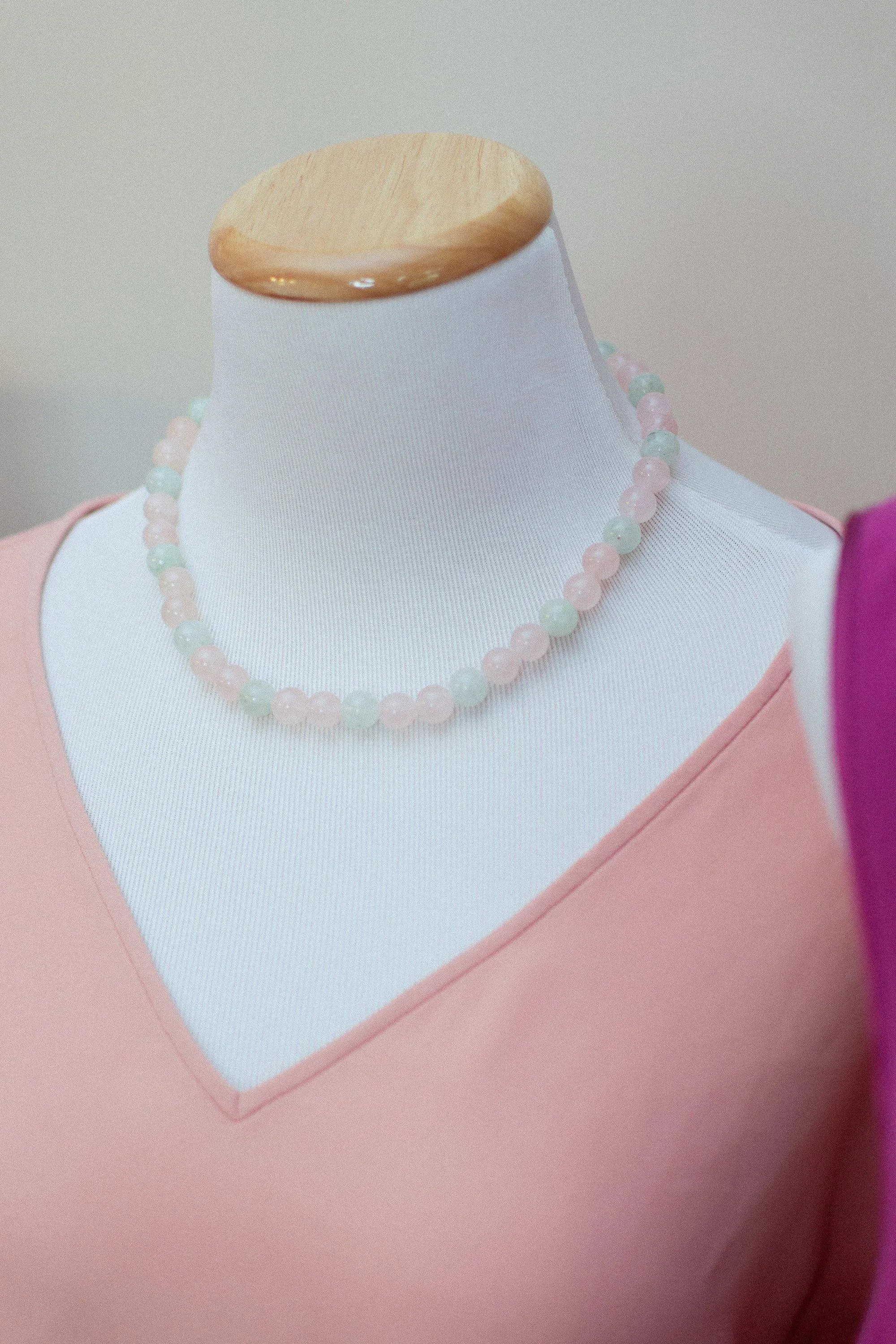 Vintage Hobe Rose Quartz and Jade Polished Bead Necklace