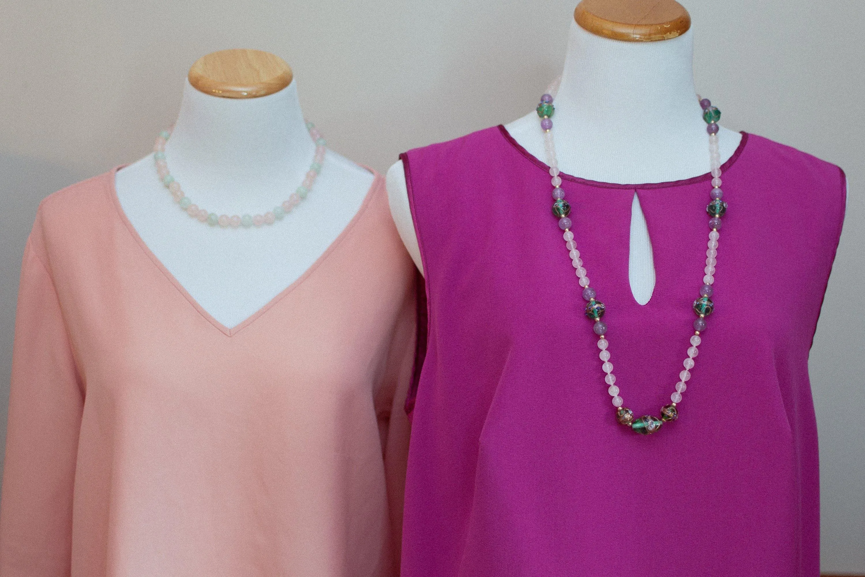 Vintage Hobe Rose Quartz and Jade Polished Bead Necklace