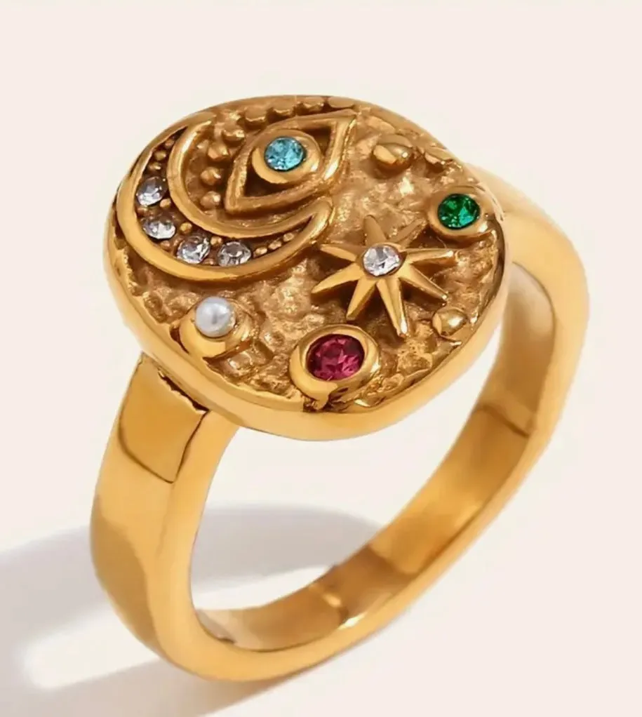 Vintage-Inspired Star, Moon & Evil Eye Ring