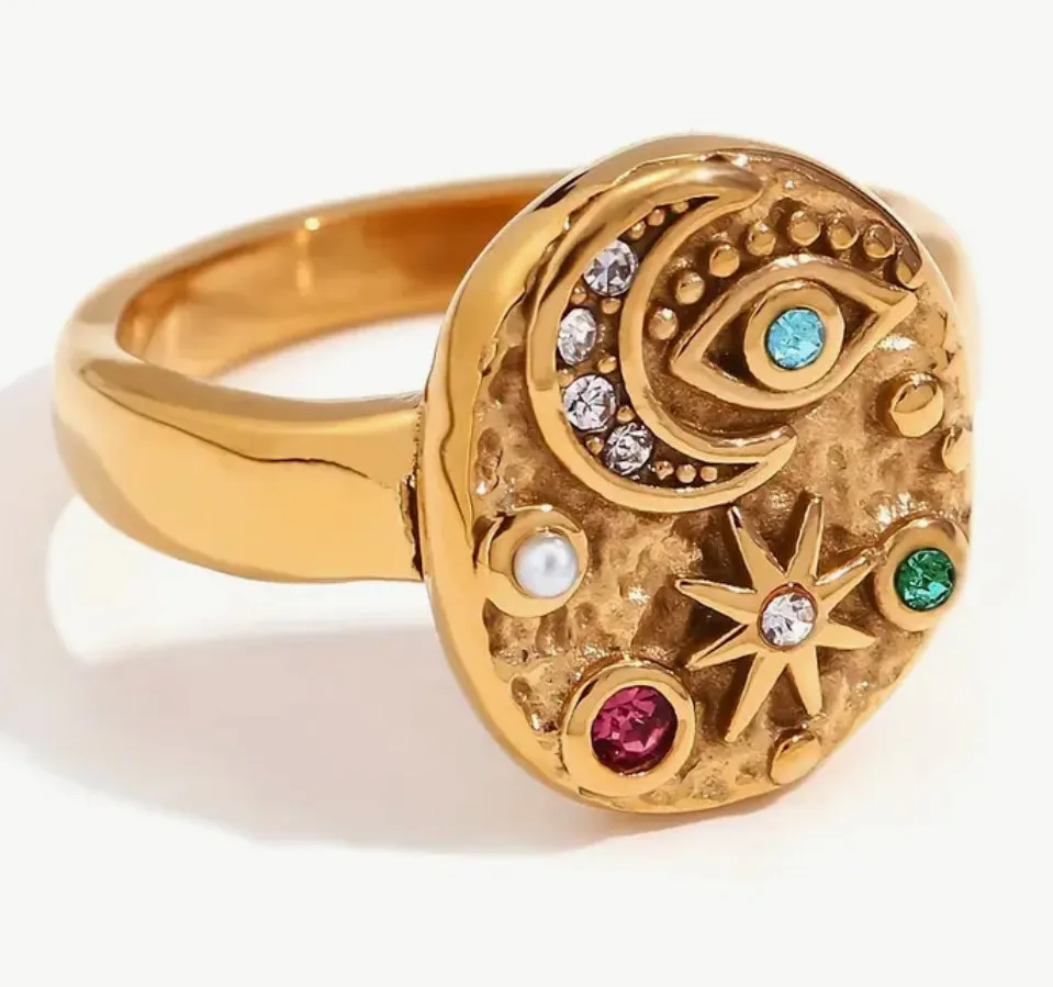 Vintage-Inspired Star, Moon & Evil Eye Ring