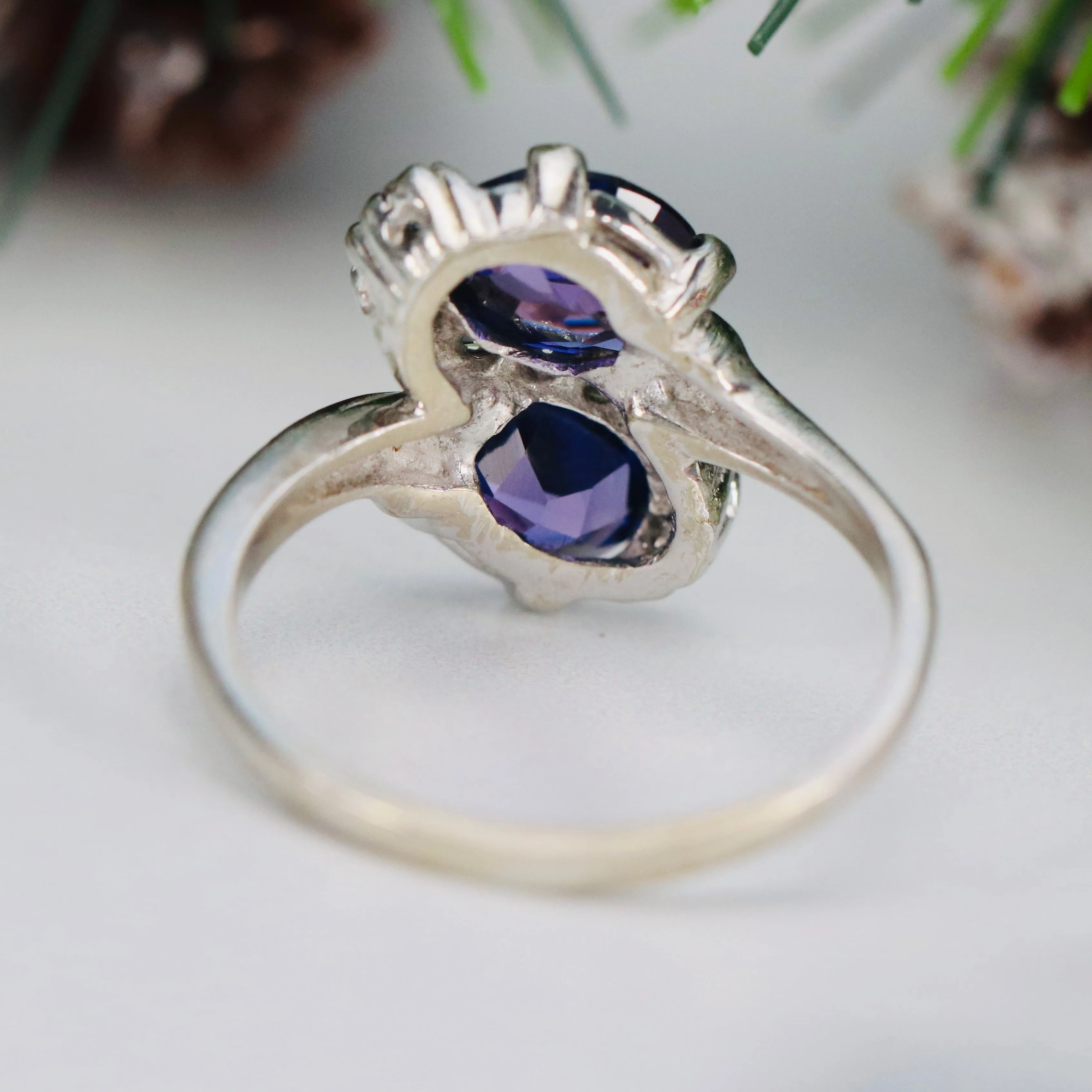Vintage lab grown purple sapphire toi et moi ring in white gold