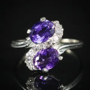 Vintage lab grown purple sapphire toi et moi ring in white gold