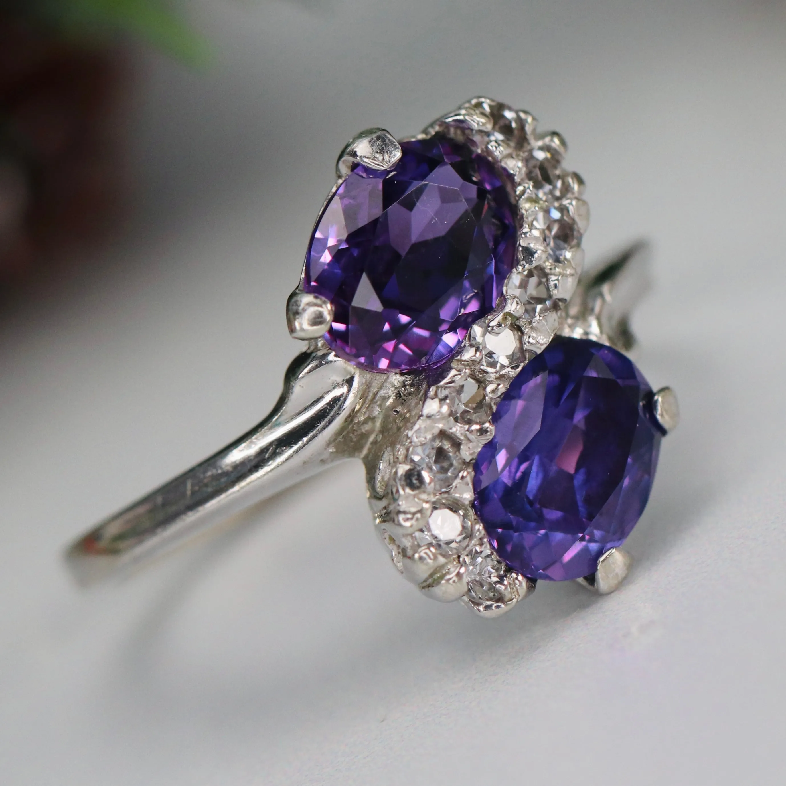 Vintage lab grown purple sapphire toi et moi ring in white gold