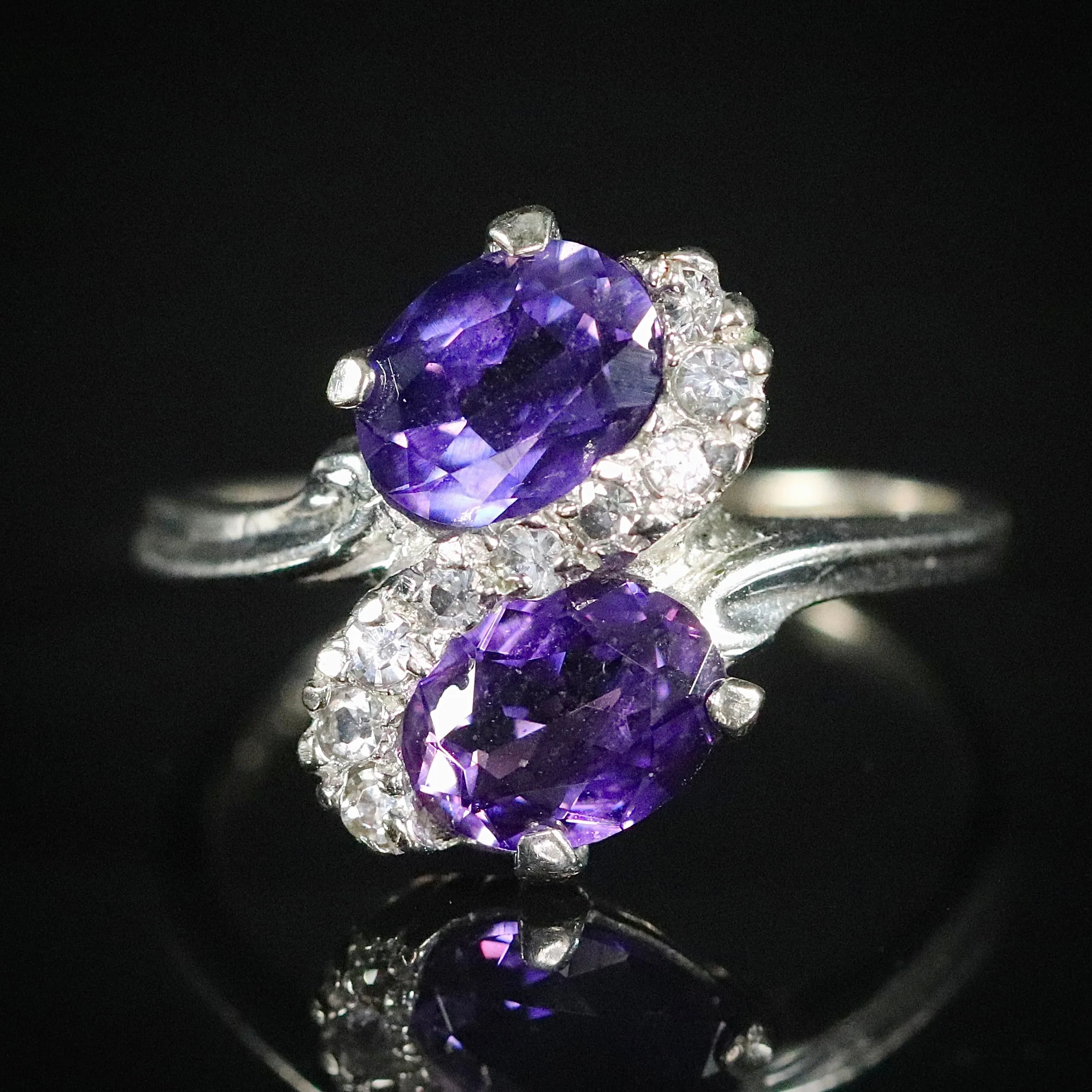 Vintage lab grown purple sapphire toi et moi ring in white gold