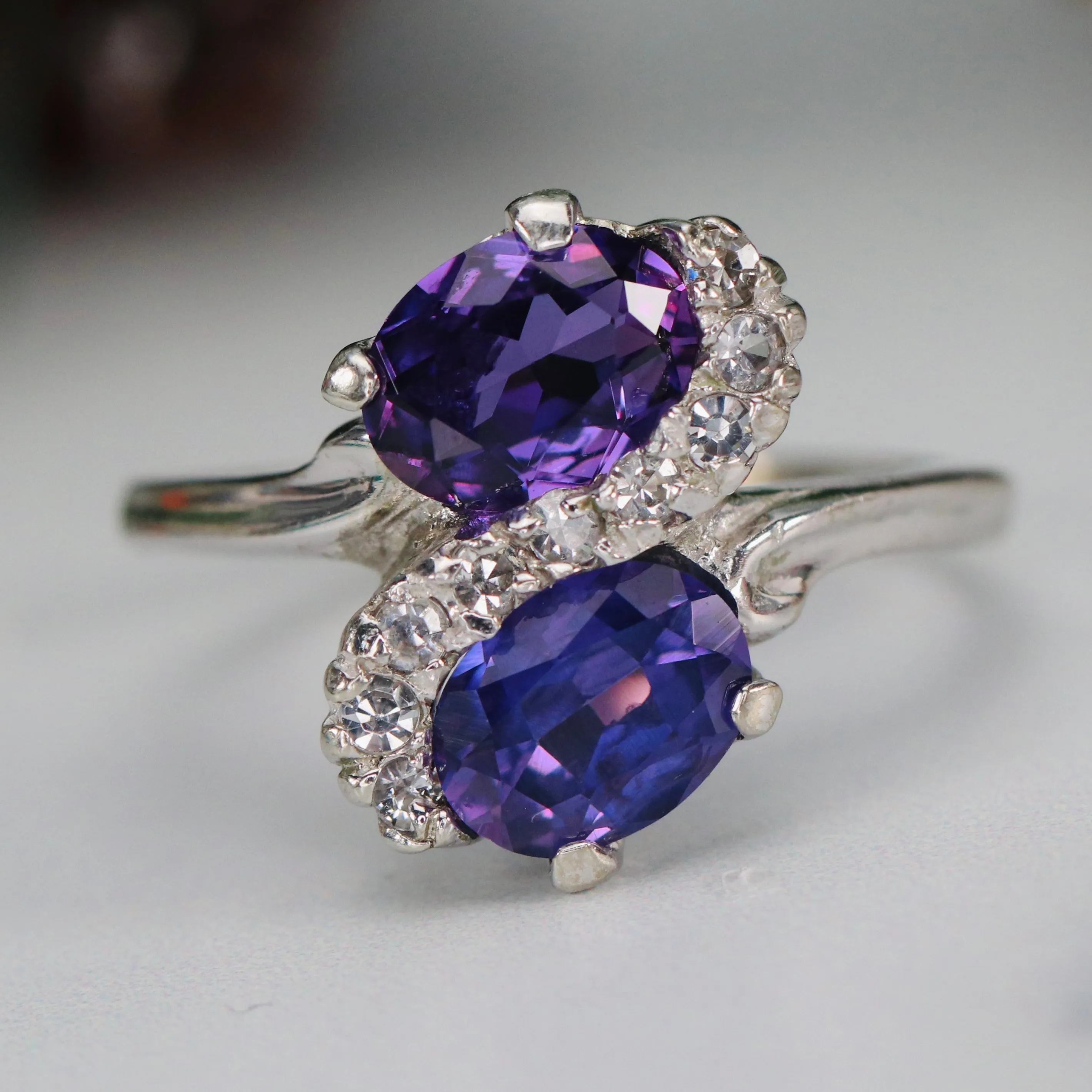 Vintage lab grown purple sapphire toi et moi ring in white gold