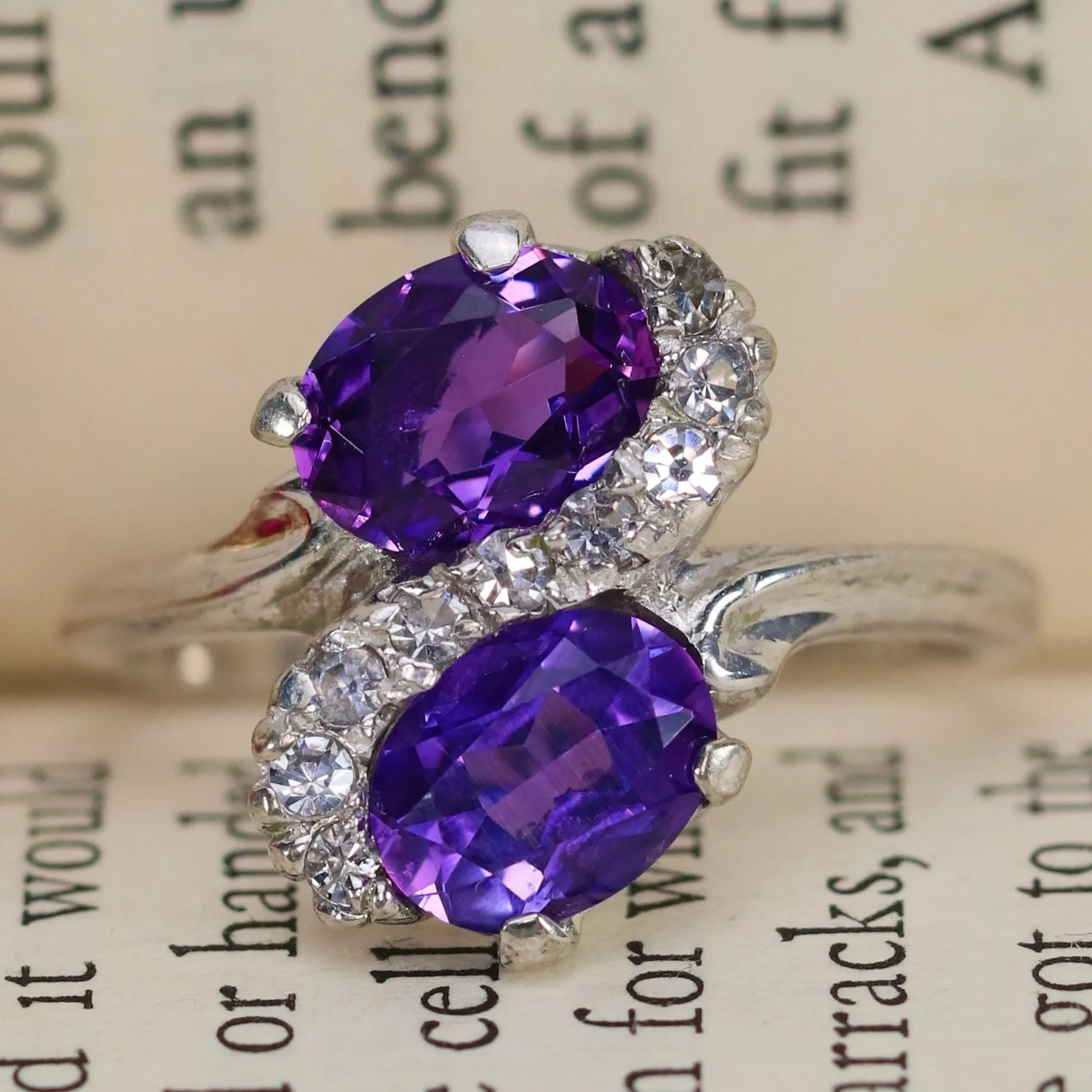 Vintage lab grown purple sapphire toi et moi ring in white gold