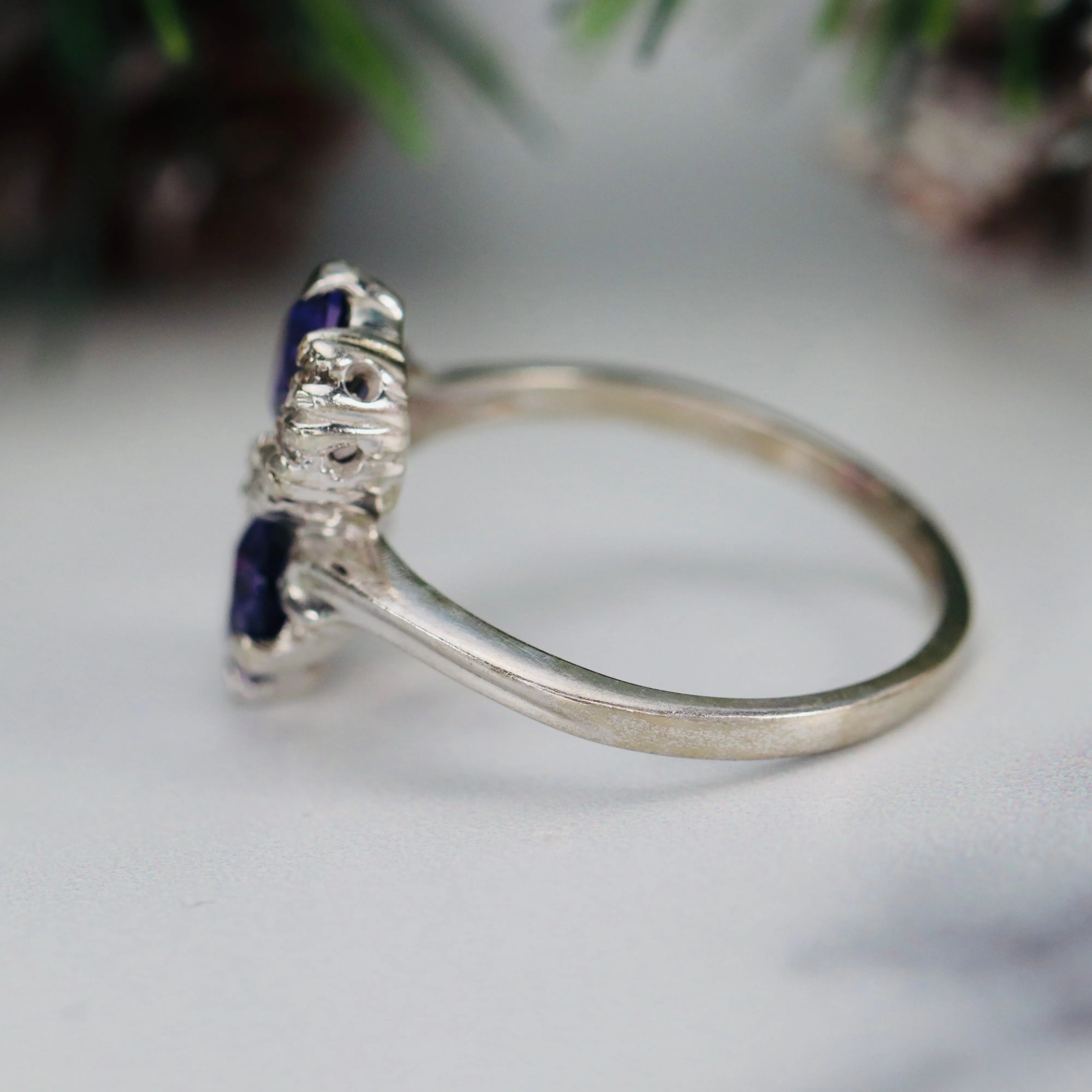 Vintage lab grown purple sapphire toi et moi ring in white gold