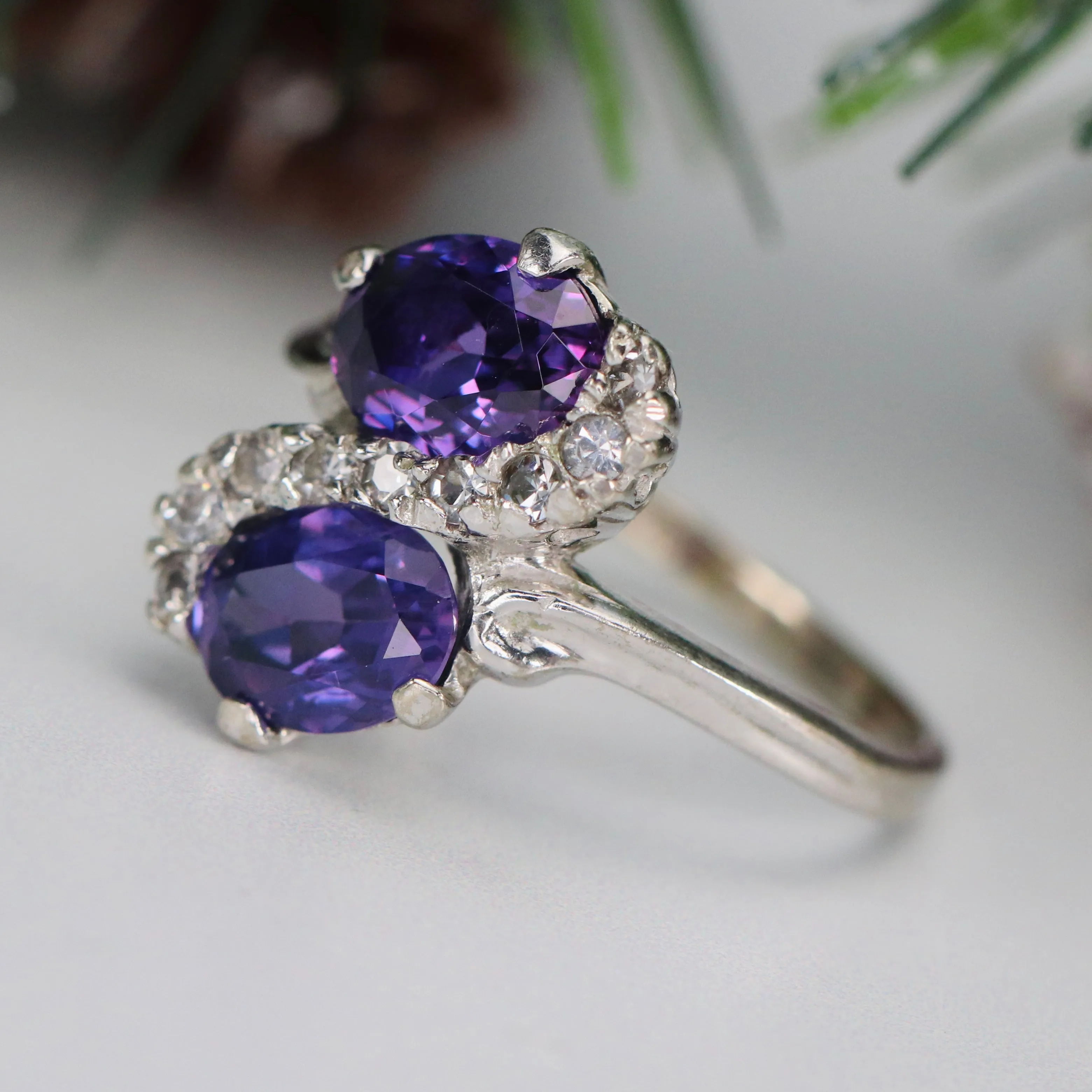 Vintage lab grown purple sapphire toi et moi ring in white gold