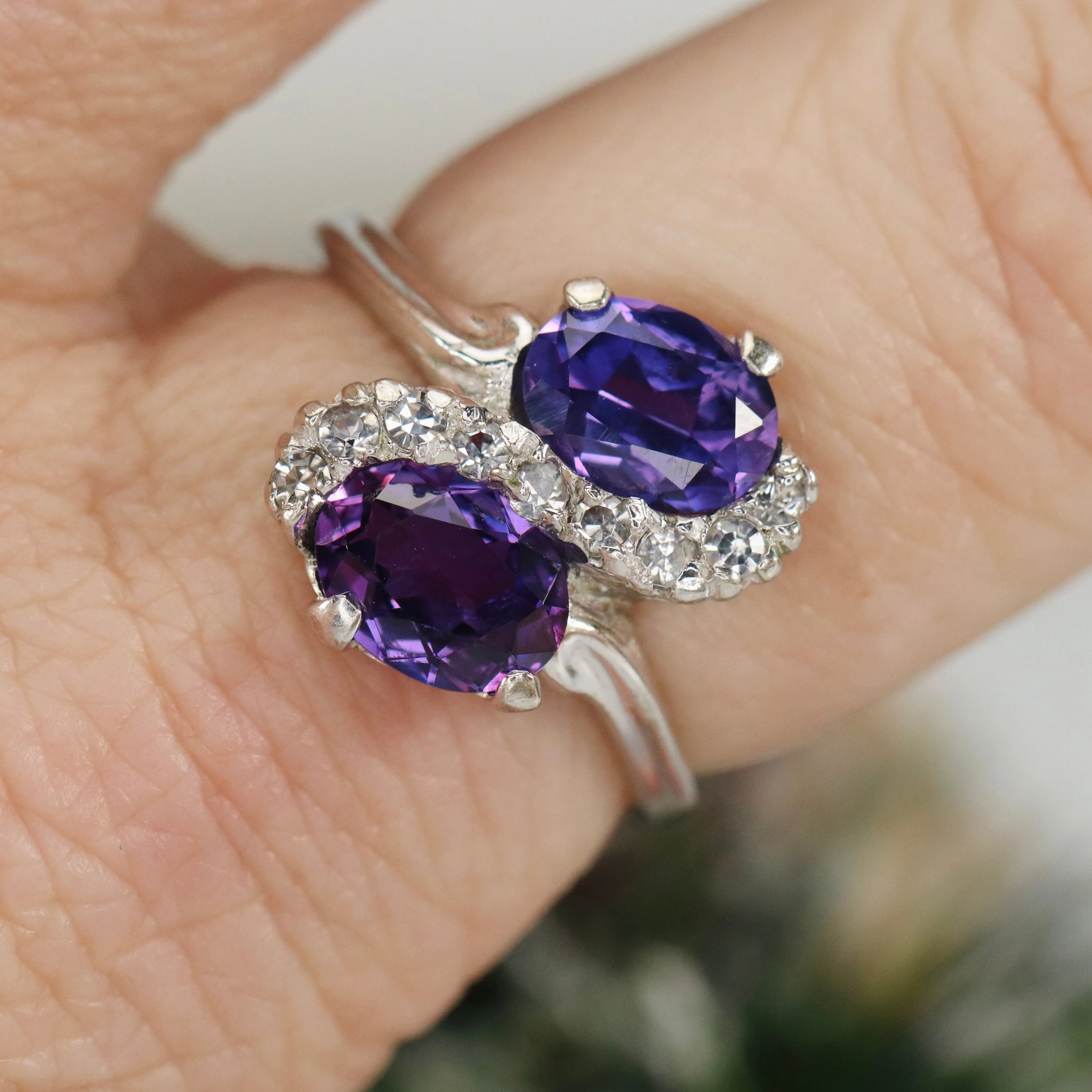 Vintage lab grown purple sapphire toi et moi ring in white gold
