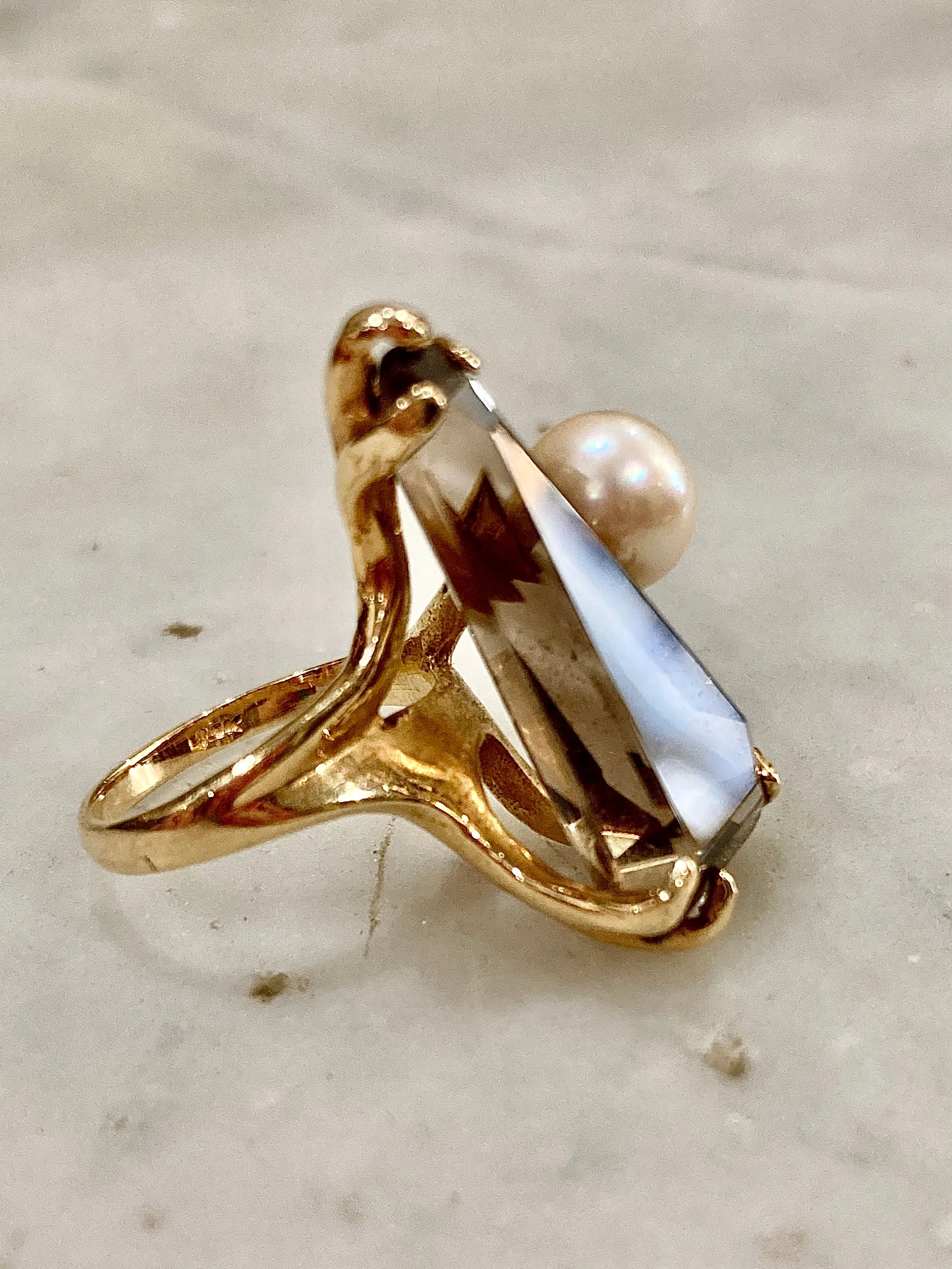 Vintage MCM 14K Yellow Gold Smokey Topaz Cultured Pearl Abstract Ring
