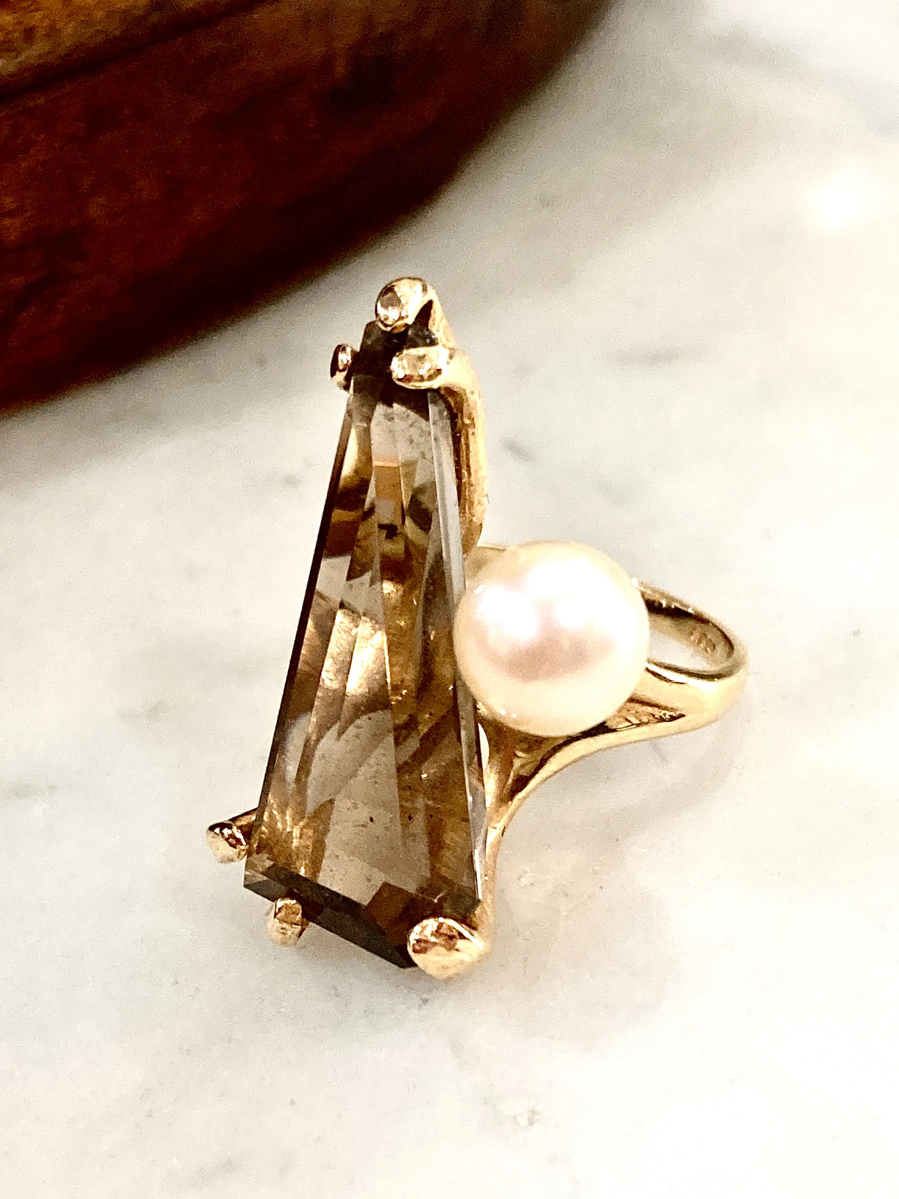 Vintage MCM 14K Yellow Gold Smokey Topaz Cultured Pearl Abstract Ring
