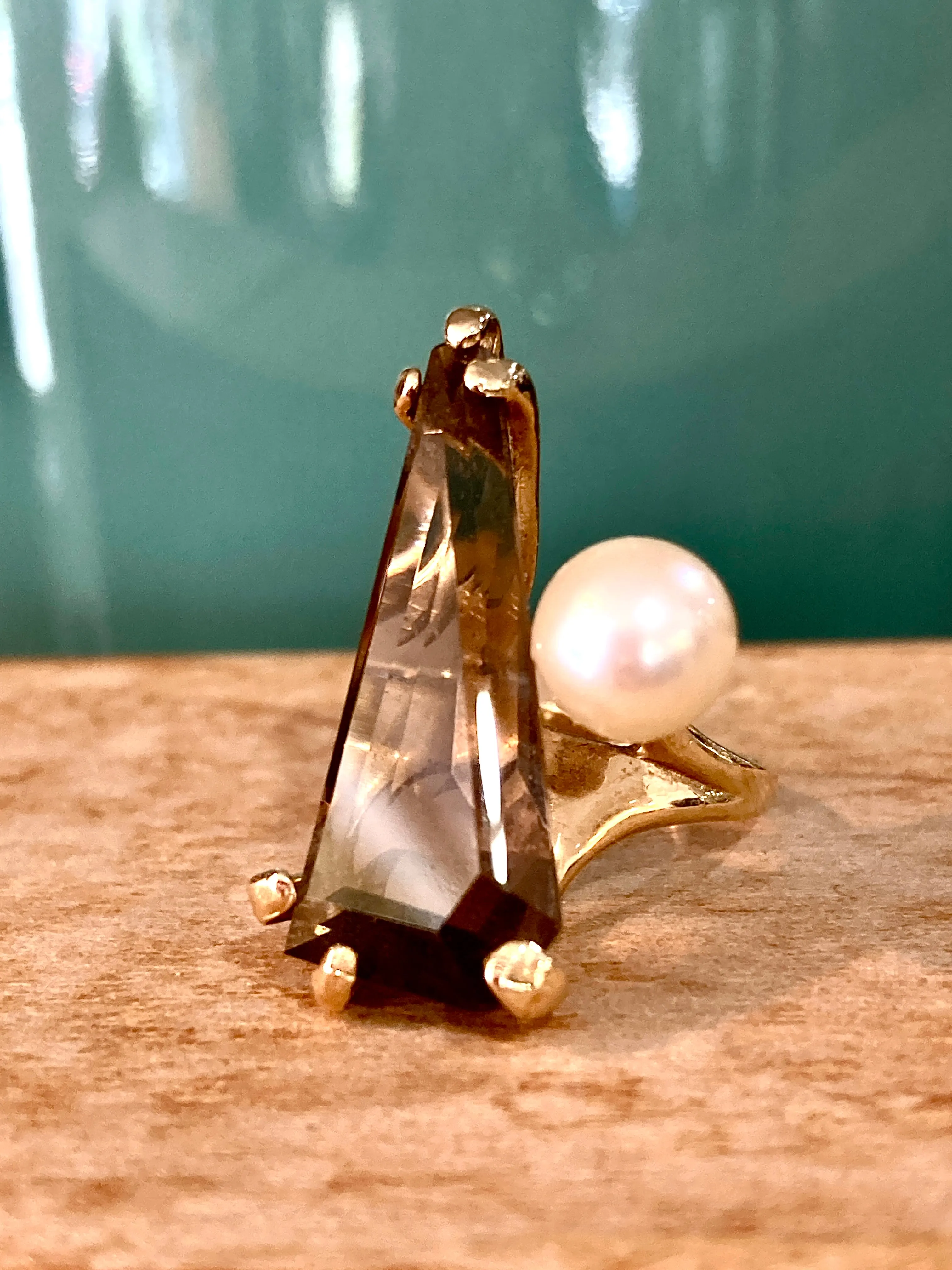 Vintage MCM 14K Yellow Gold Smokey Topaz Cultured Pearl Abstract Ring