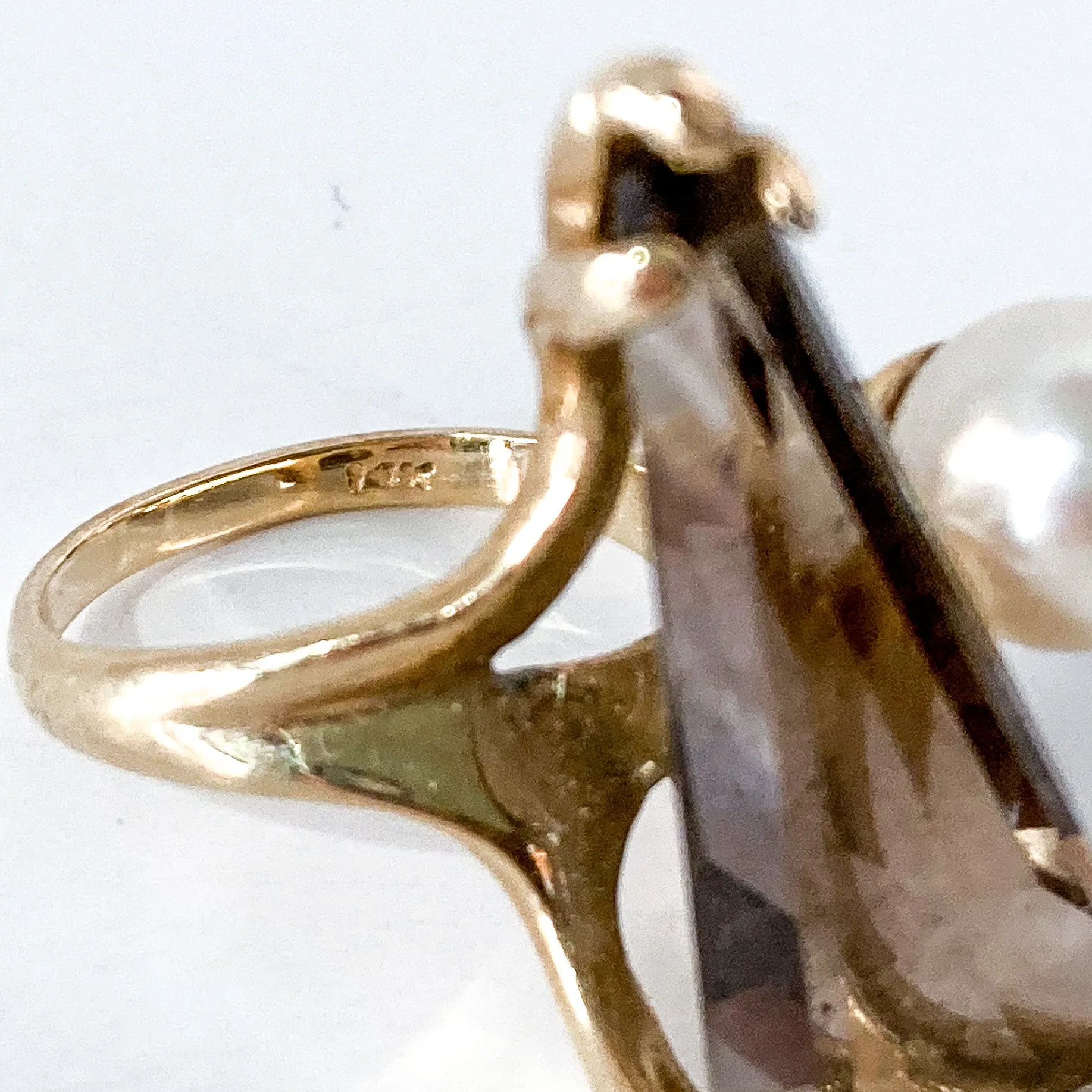 Vintage MCM 14K Yellow Gold Smokey Topaz Cultured Pearl Abstract Ring