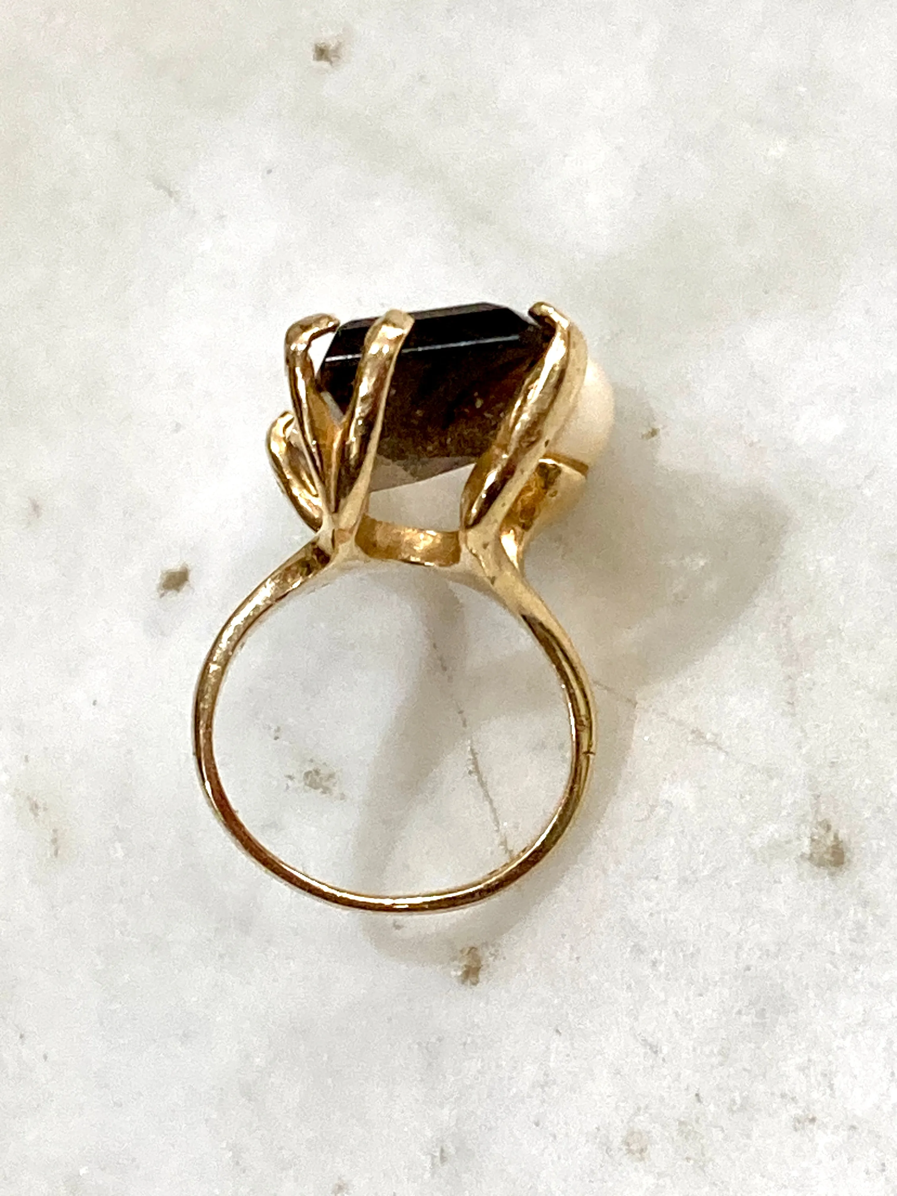Vintage MCM 14K Yellow Gold Smokey Topaz Cultured Pearl Abstract Ring