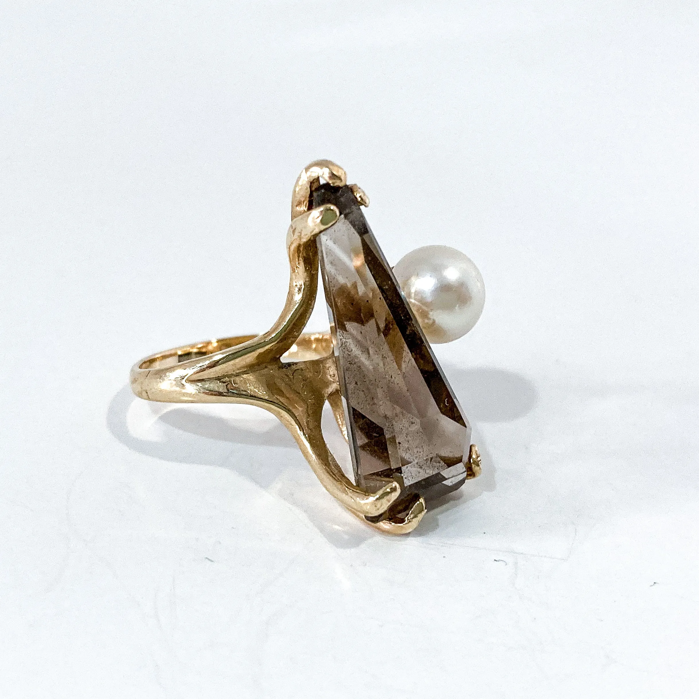 Vintage MCM 14K Yellow Gold Smokey Topaz Cultured Pearl Abstract Ring