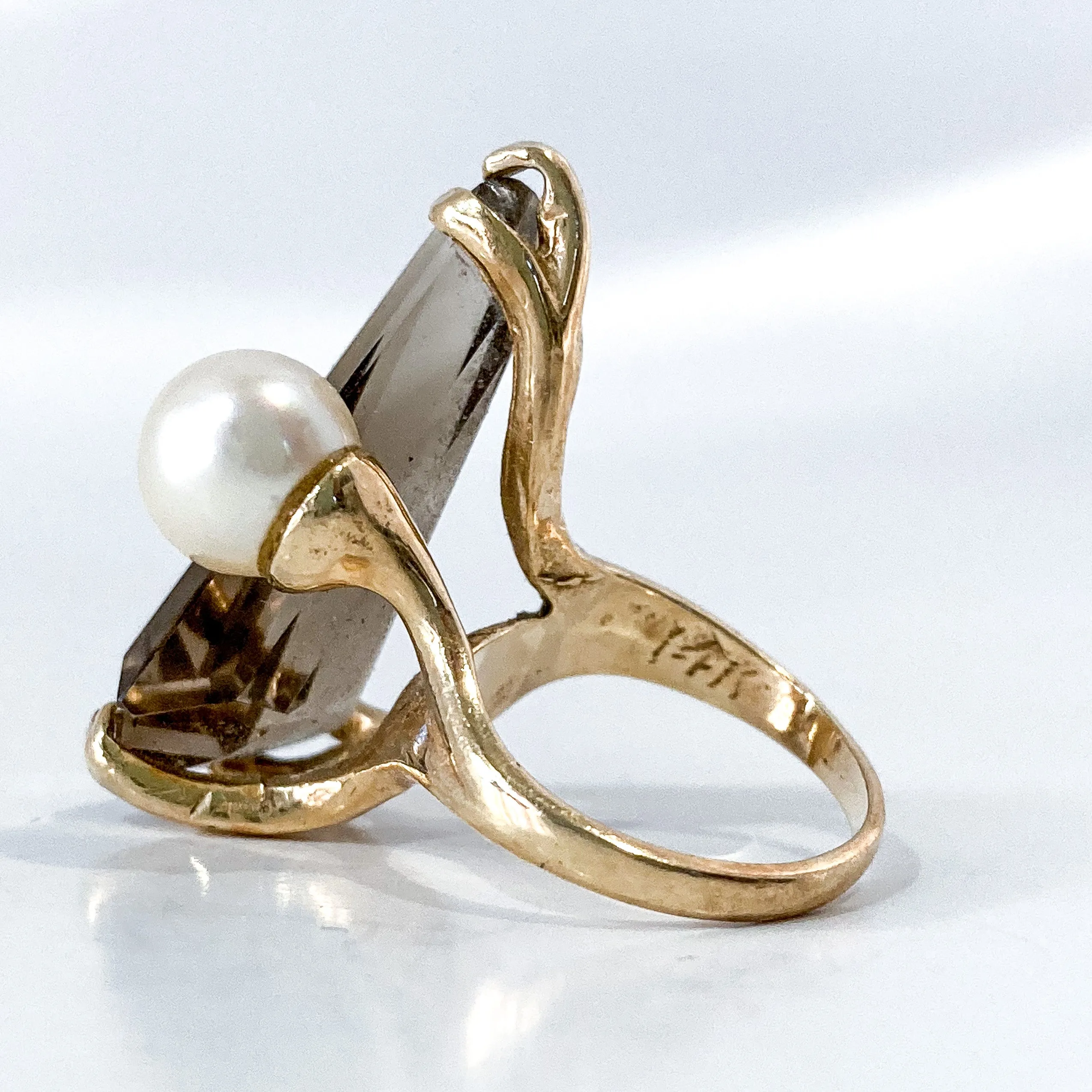 Vintage MCM 14K Yellow Gold Smokey Topaz Cultured Pearl Abstract Ring