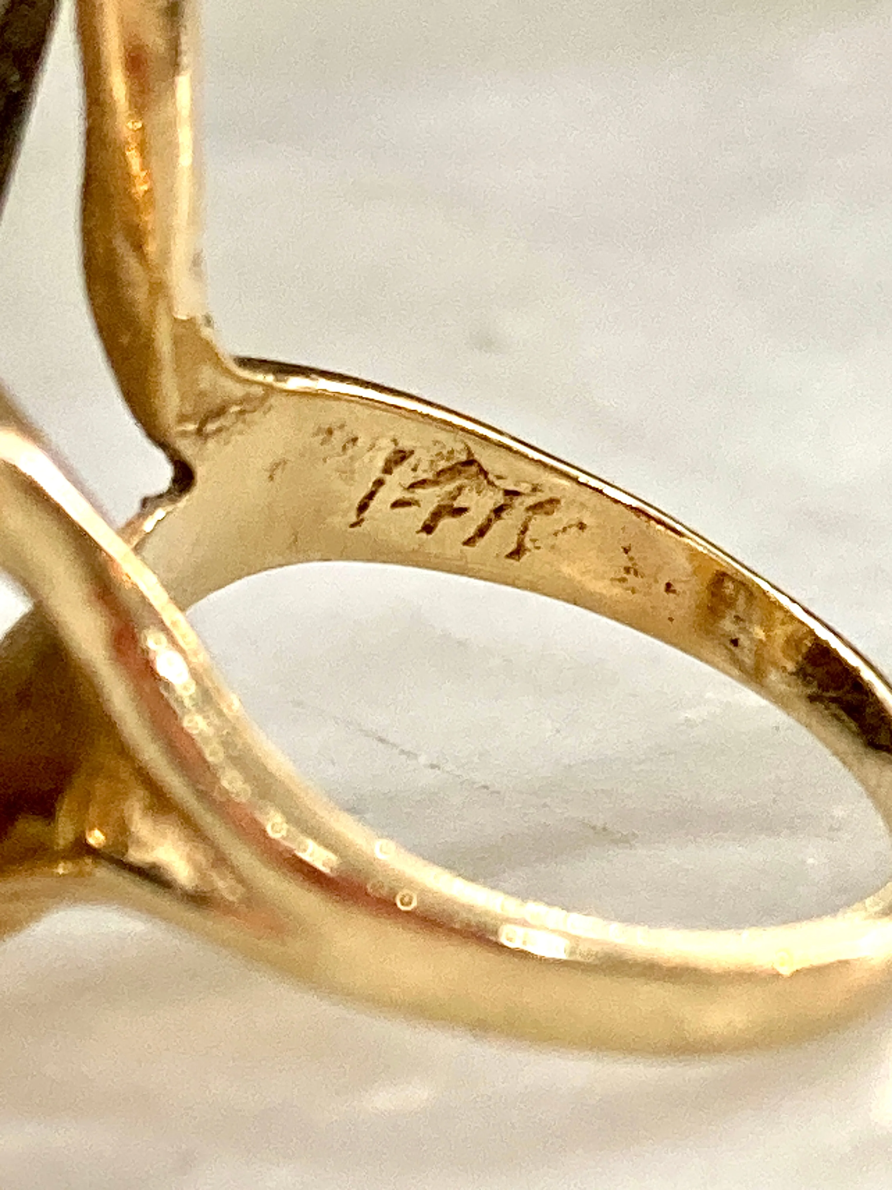 Vintage MCM 14K Yellow Gold Smokey Topaz Cultured Pearl Abstract Ring