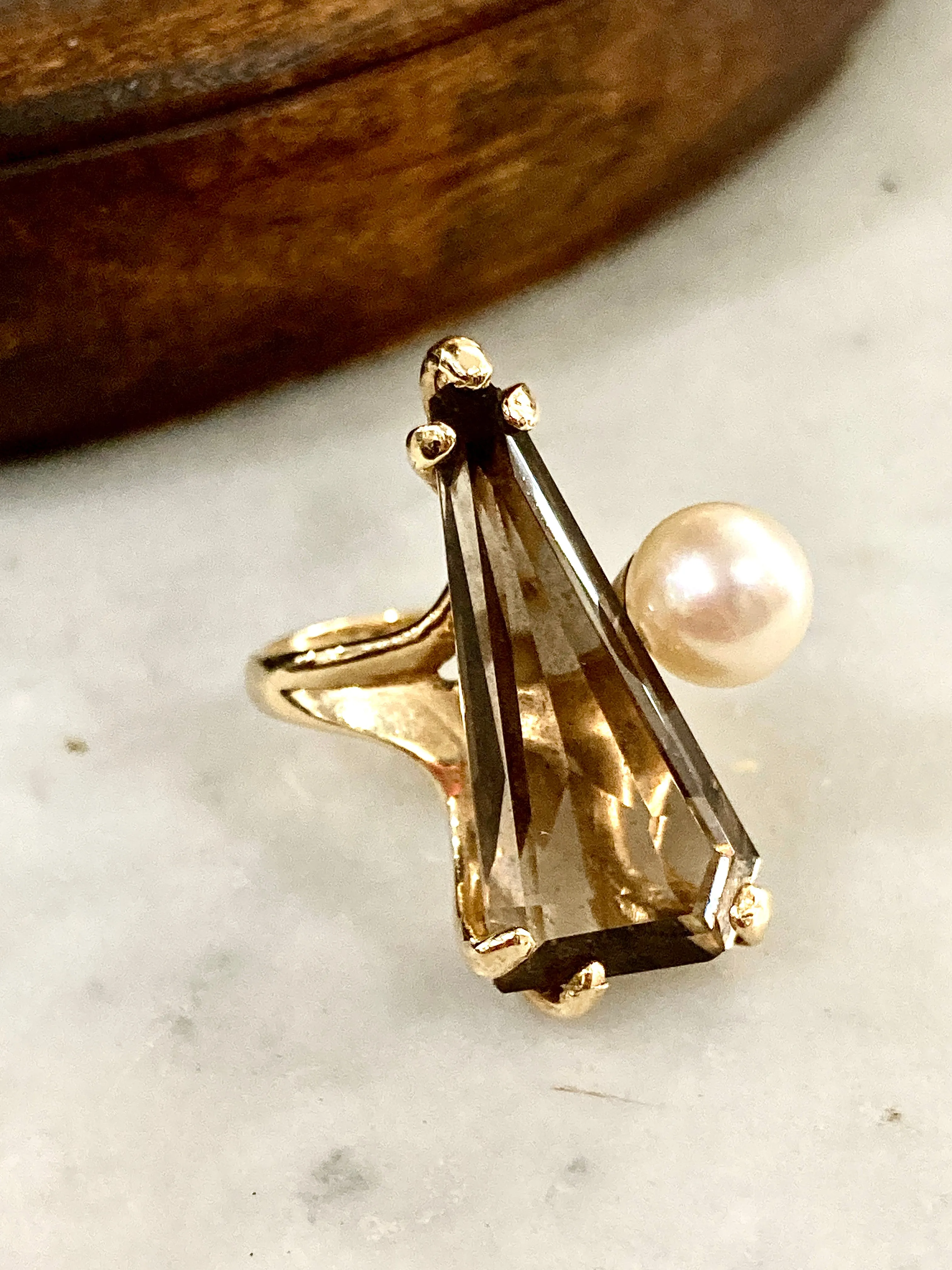 Vintage MCM 14K Yellow Gold Smokey Topaz Cultured Pearl Abstract Ring