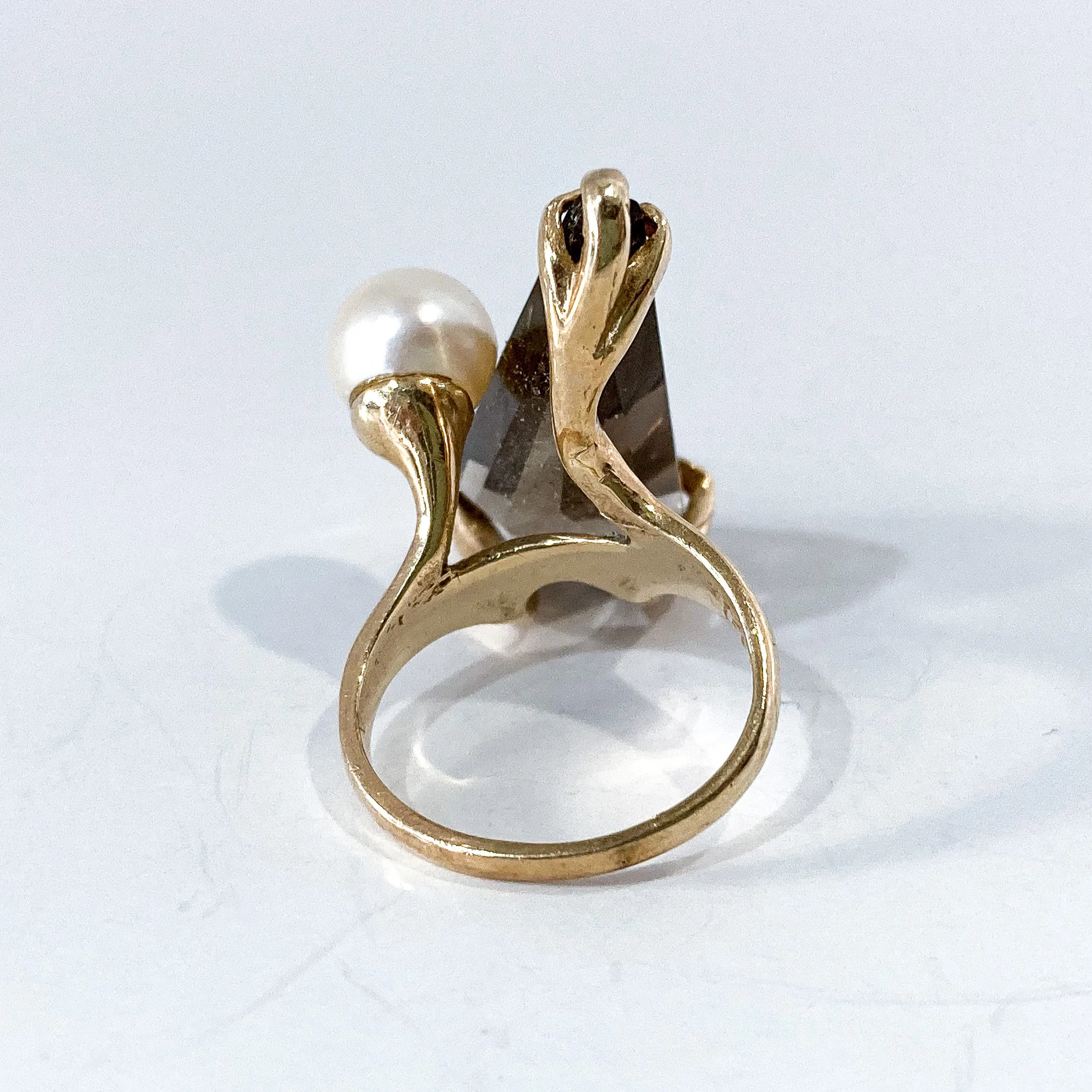 Vintage MCM 14K Yellow Gold Smokey Topaz Cultured Pearl Abstract Ring