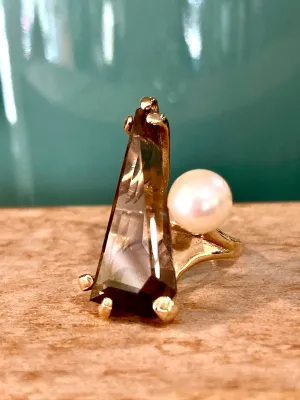 Vintage MCM 14K Yellow Gold Smokey Topaz Cultured Pearl Abstract Ring