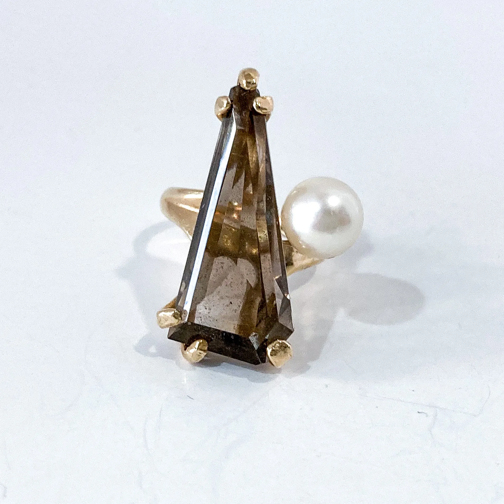 Vintage MCM 14K Yellow Gold Smokey Topaz Cultured Pearl Abstract Ring