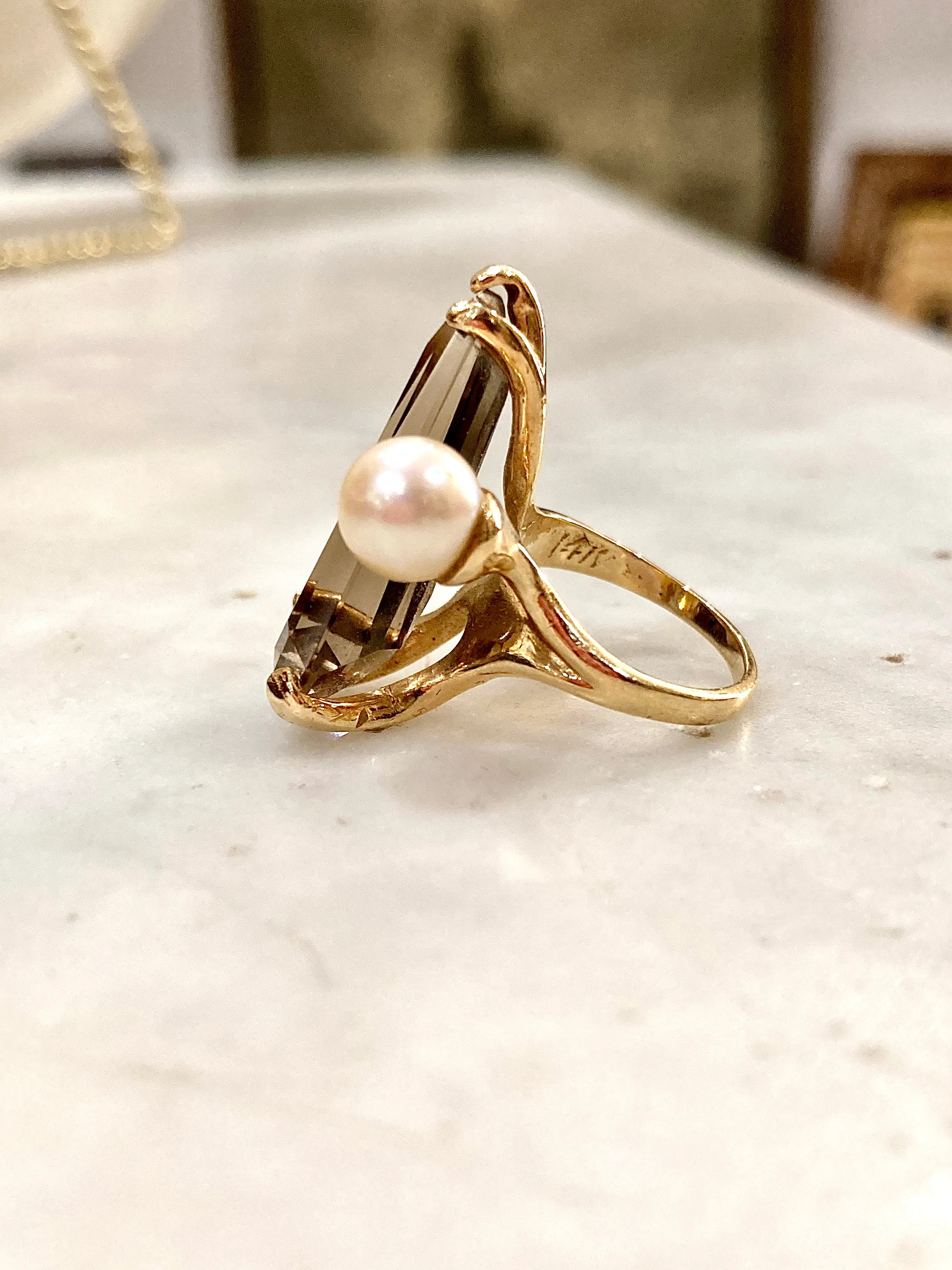 Vintage MCM 14K Yellow Gold Smokey Topaz Cultured Pearl Abstract Ring