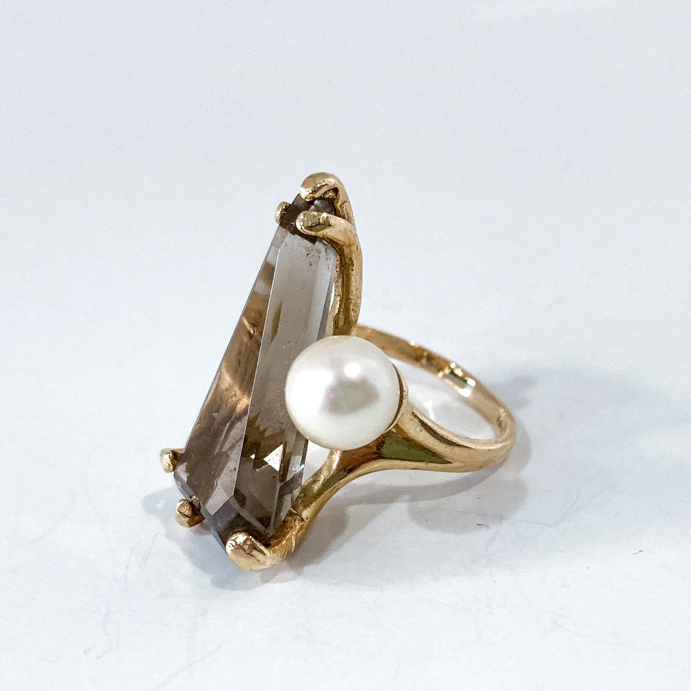 Vintage MCM 14K Yellow Gold Smokey Topaz Cultured Pearl Abstract Ring