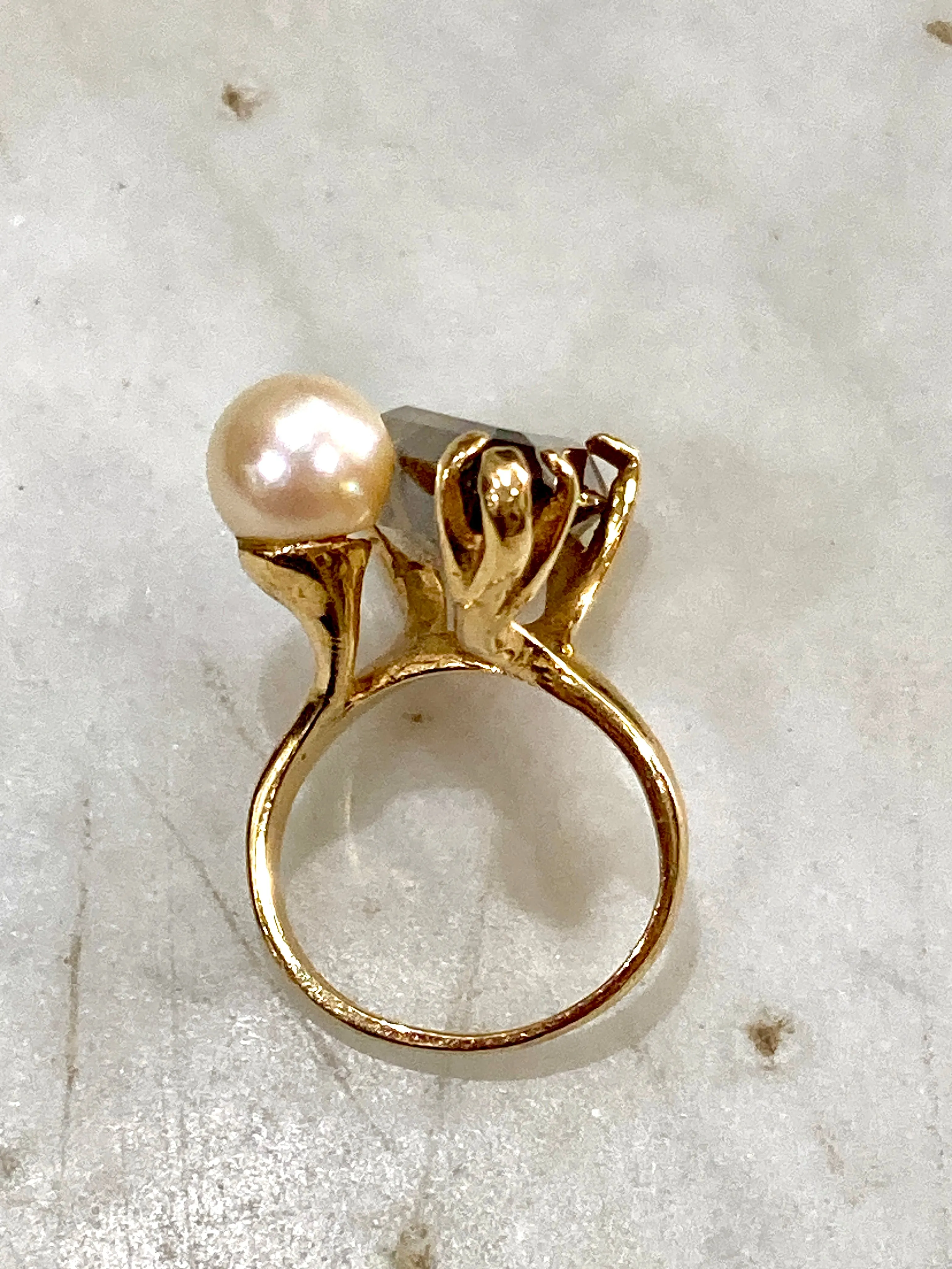 Vintage MCM 14K Yellow Gold Smokey Topaz Cultured Pearl Abstract Ring