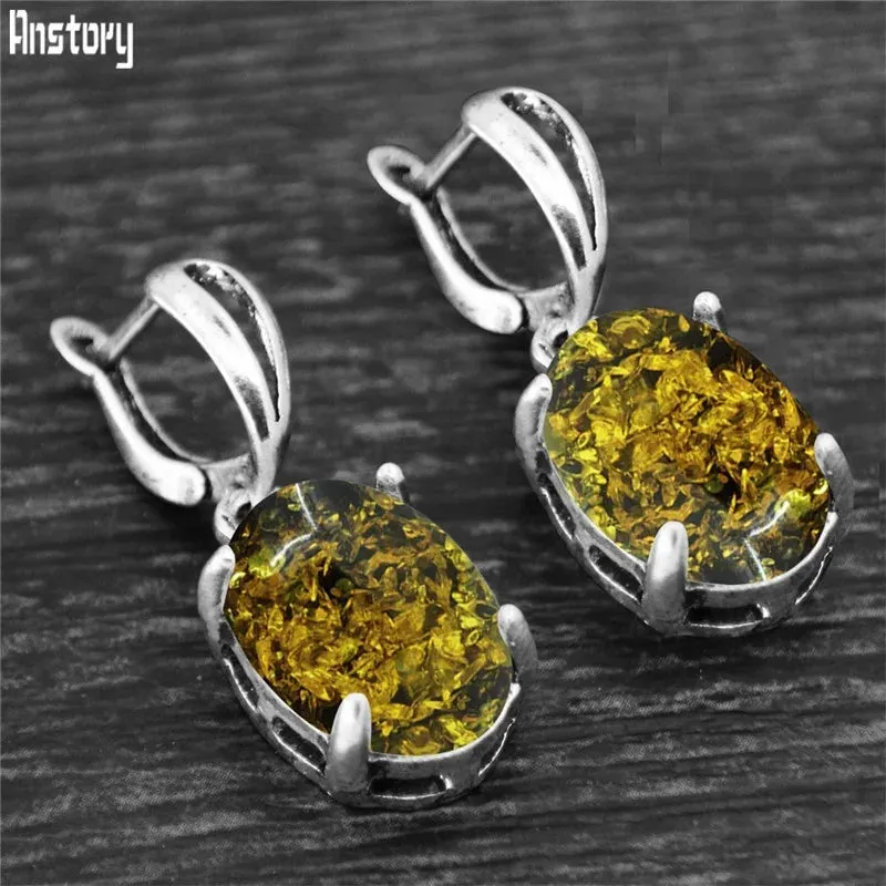 Vintage Natural Quartz Jade Amethysts Claw Pendant Earrings Antique Silver Plated Natural Stone Fashion Stud Earring