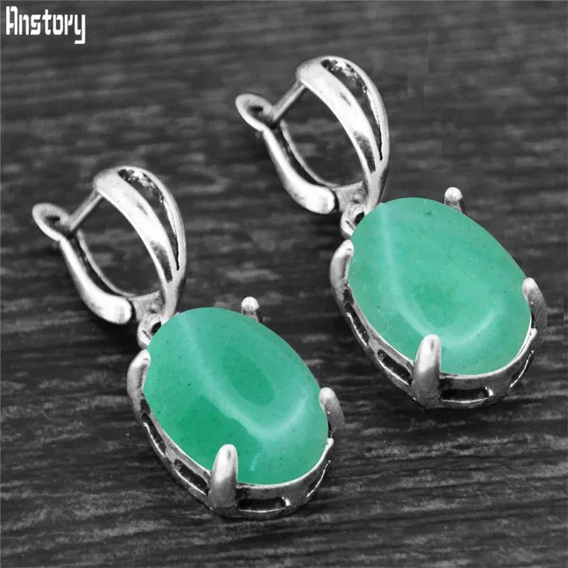 Vintage Natural Quartz Jade Amethysts Claw Pendant Earrings Antique Silver Plated Natural Stone Fashion Stud Earring