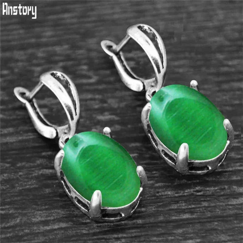 Vintage Natural Quartz Jade Amethysts Claw Pendant Earrings Antique Silver Plated Natural Stone Fashion Stud Earring