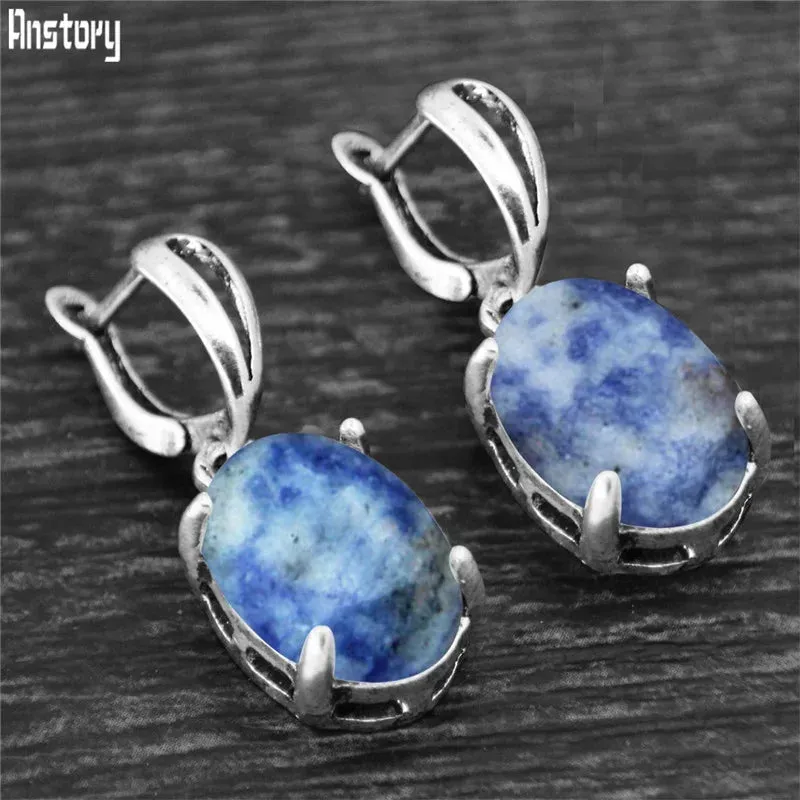 Vintage Natural Quartz Jade Amethysts Claw Pendant Earrings Antique Silver Plated Natural Stone Fashion Stud Earring