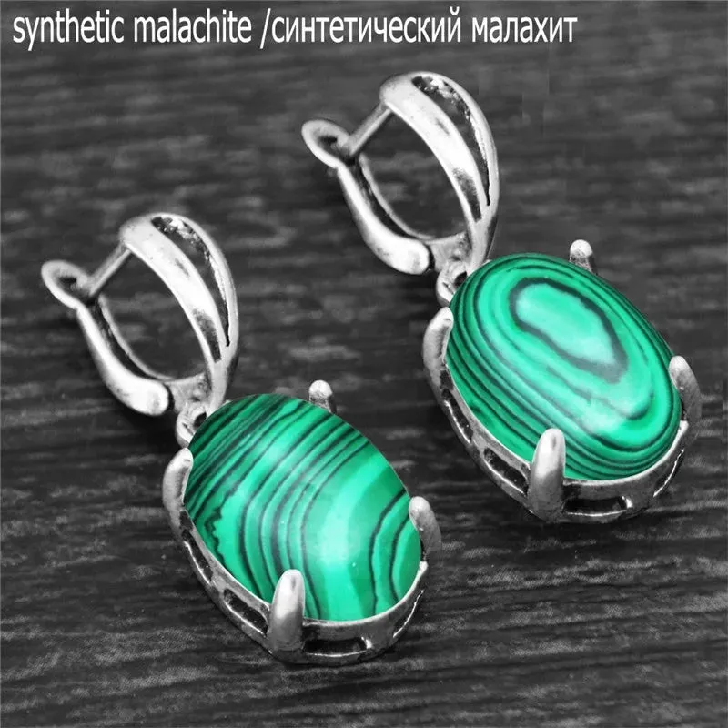 Vintage Natural Quartz Jade Amethysts Claw Pendant Earrings Antique Silver Plated Natural Stone Fashion Stud Earring