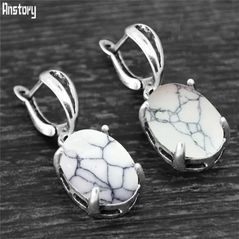 Vintage Natural Quartz Jade Amethysts Claw Pendant Earrings Antique Silver Plated Natural Stone Fashion Stud Earring