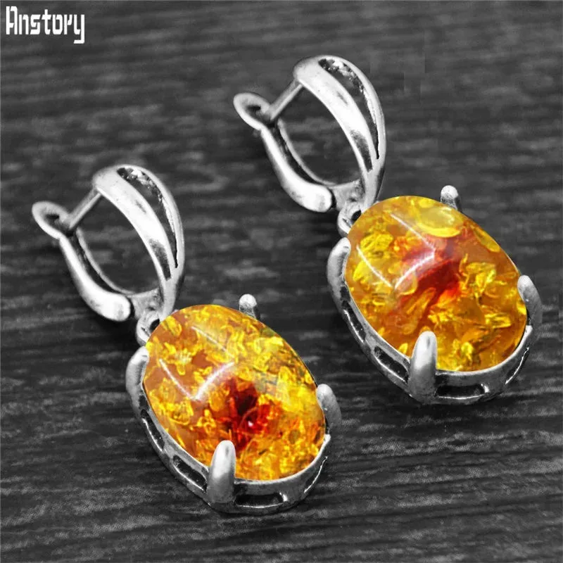 Vintage Natural Quartz Jade Amethysts Claw Pendant Earrings Antique Silver Plated Natural Stone Fashion Stud Earring
