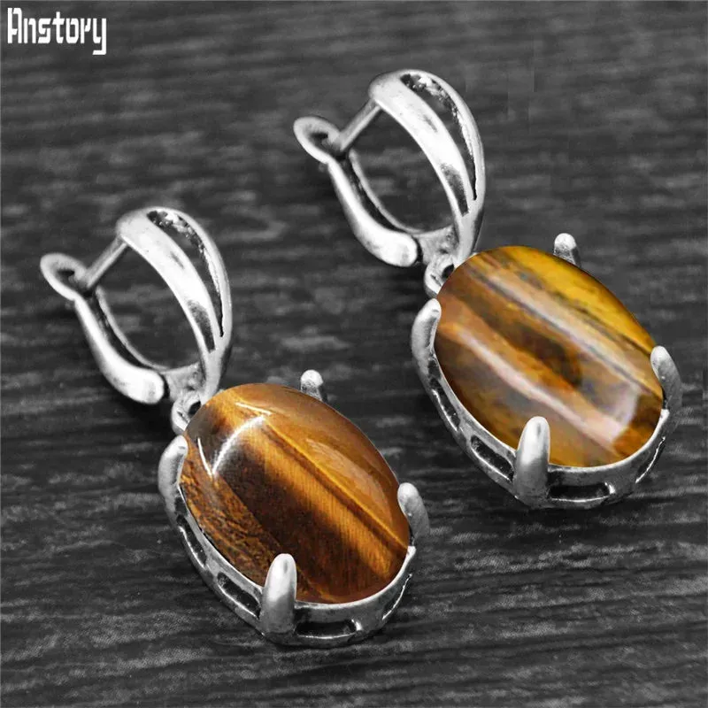 Vintage Natural Quartz Jade Amethysts Claw Pendant Earrings Antique Silver Plated Natural Stone Fashion Stud Earring