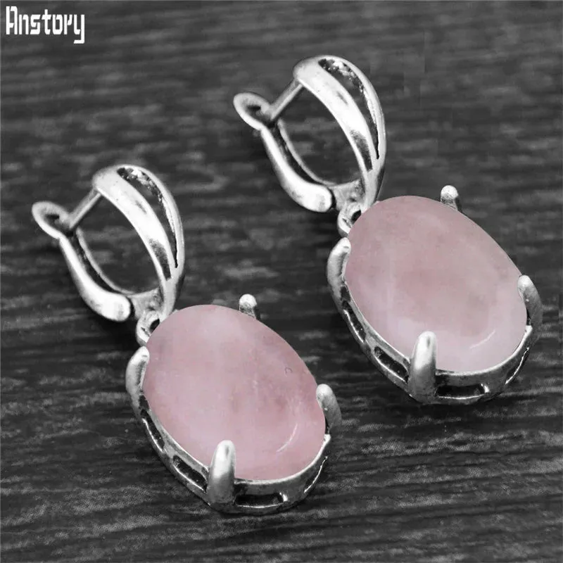 Vintage Natural Quartz Jade Amethysts Claw Pendant Earrings Antique Silver Plated Natural Stone Fashion Stud Earring