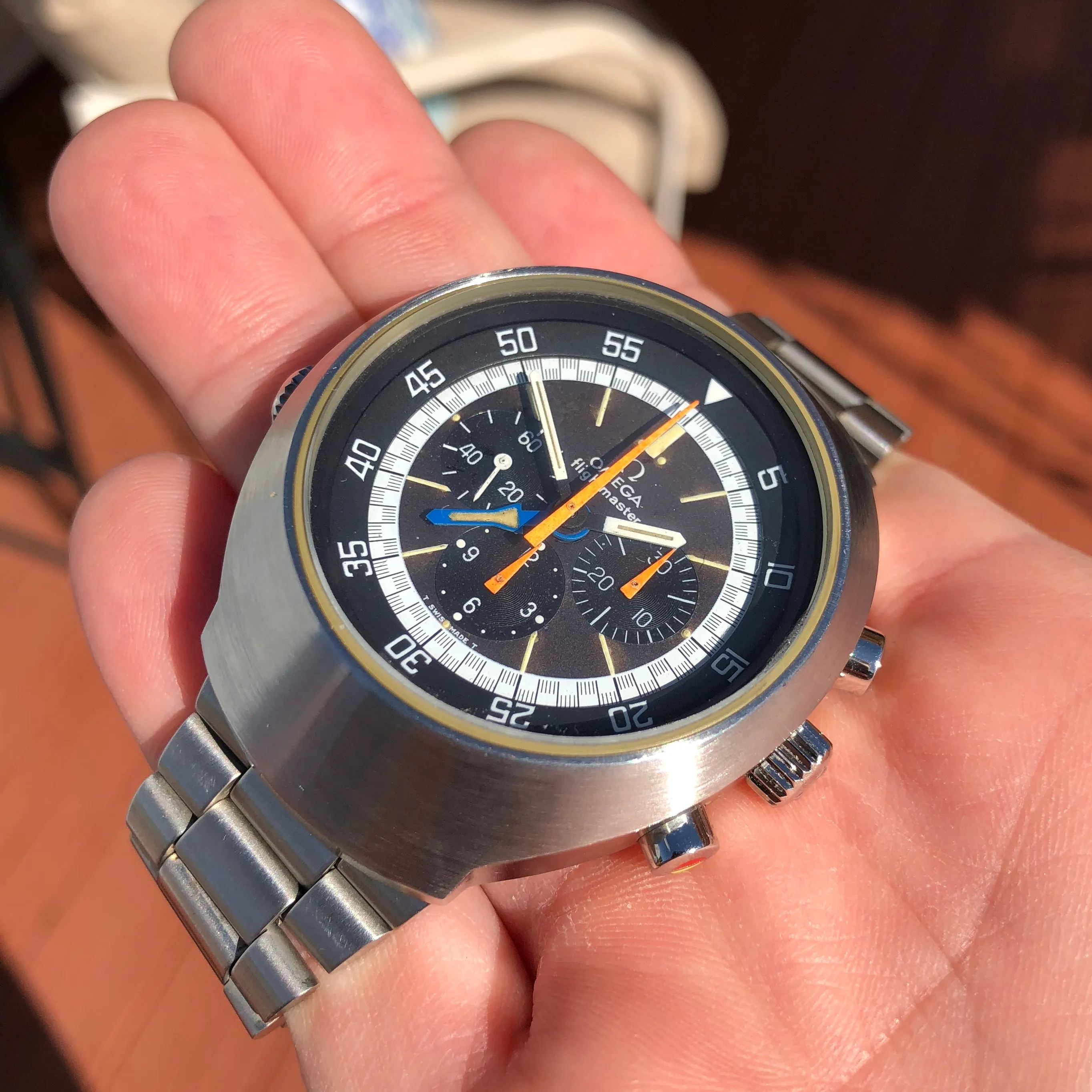 Vintage Omega Flightmaster 145.036 Steel Chronograph Cal. 911 Tropical Brown Wristwatch