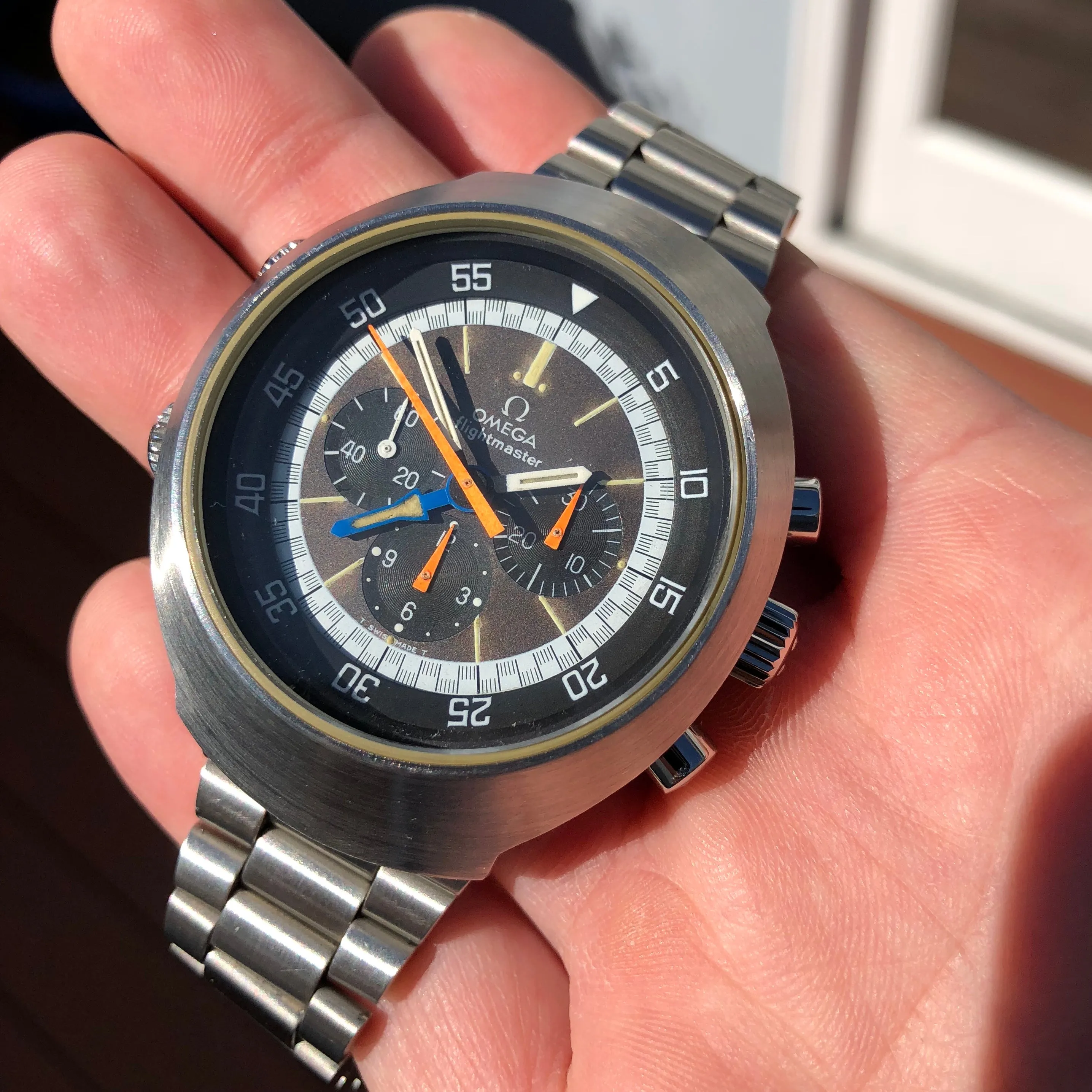 Vintage Omega Flightmaster 145.036 Steel Chronograph Cal. 911 Tropical Brown Wristwatch