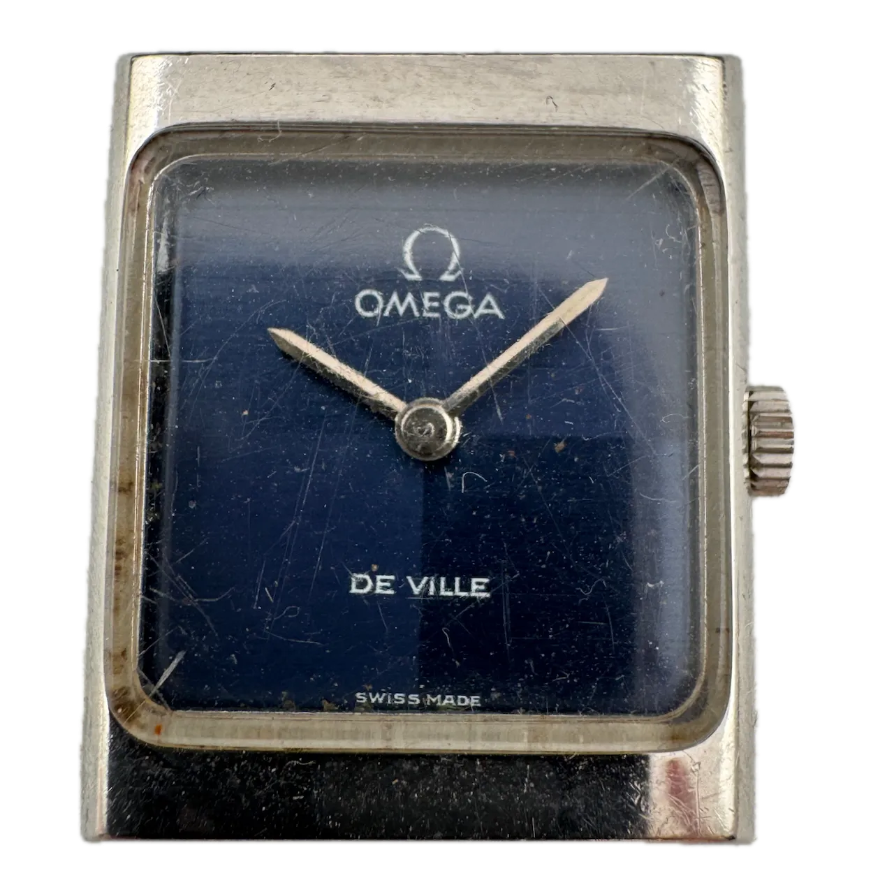 Vintage Omega Tank Blue Checkerboard Ladies Mechanical Wristwatch Swiss Steel