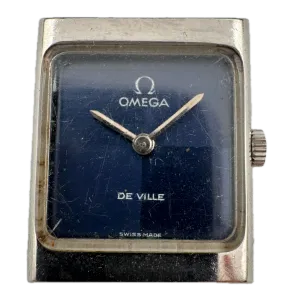 Vintage Omega Tank Blue Checkerboard Ladies Mechanical Wristwatch Swiss Steel