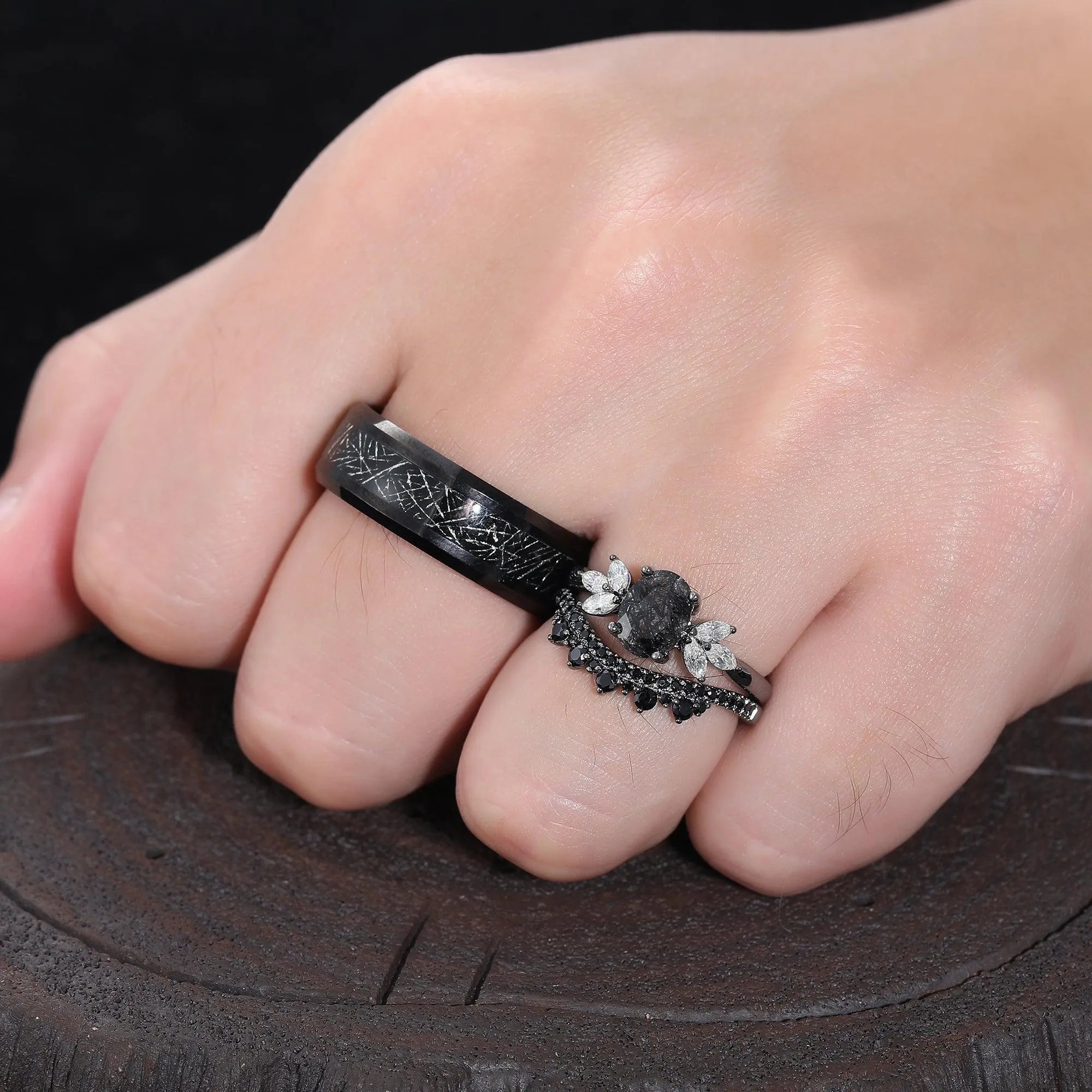 Vintage Oval Black Rutilated Quartz Gold Leaf Tungsten His and Hers Ring Set