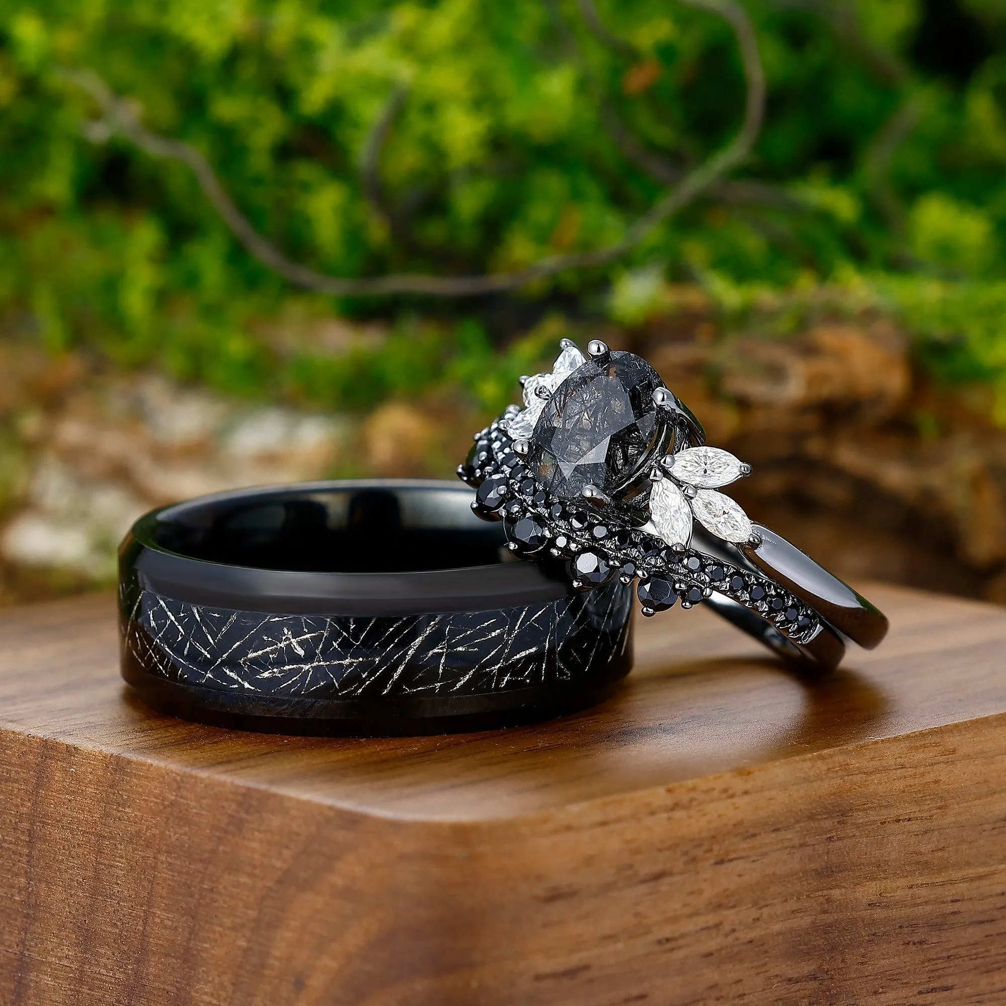 Vintage Oval Black Rutilated Quartz Gold Leaf Tungsten His and Hers Ring Set